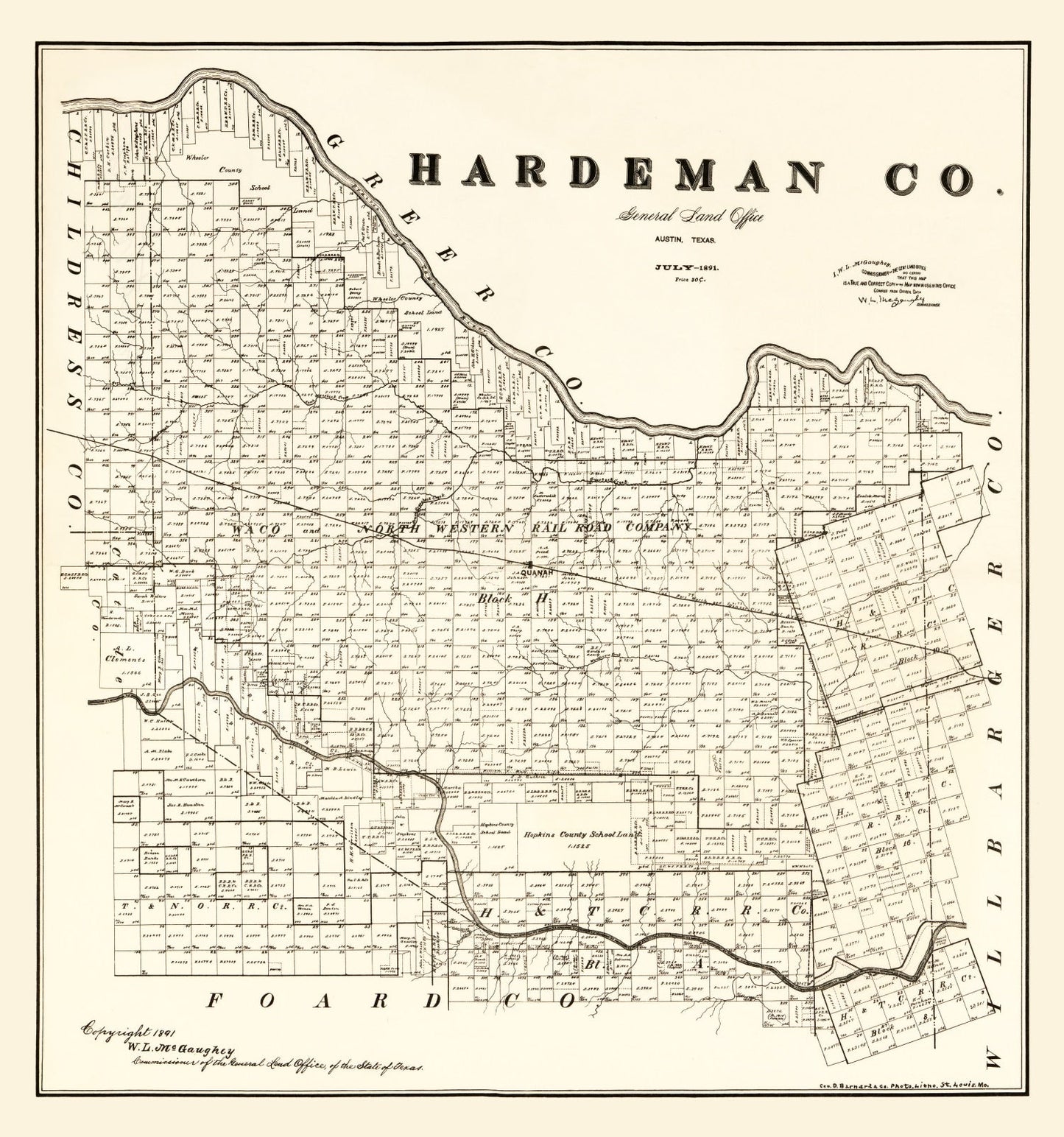 Vintage Map of Hardeman County, Texas, 1891