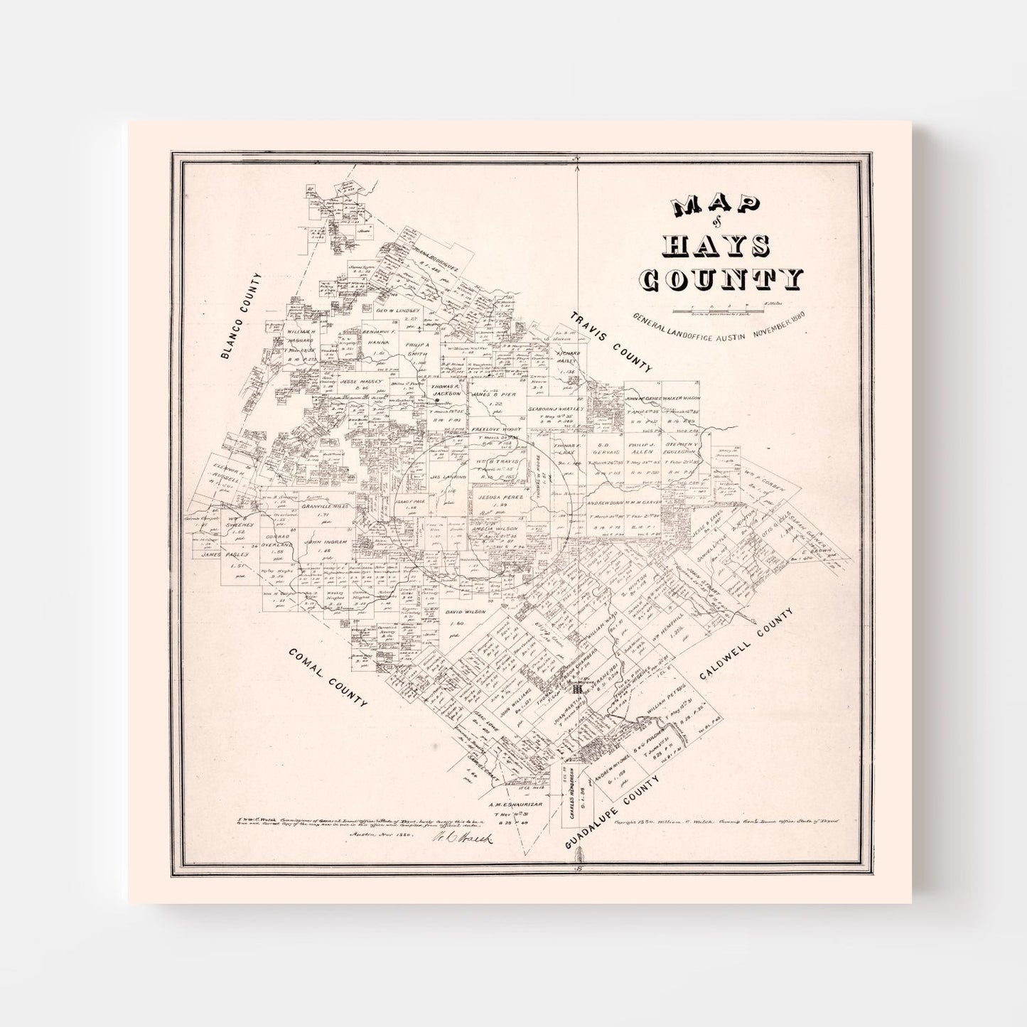 Vintage Map of Hays County, Texas, 1880