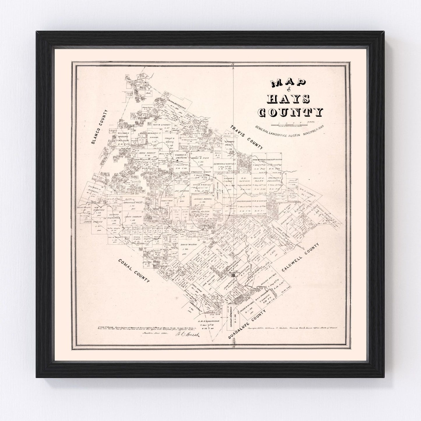 Vintage map of Hays County, Texas, 1880