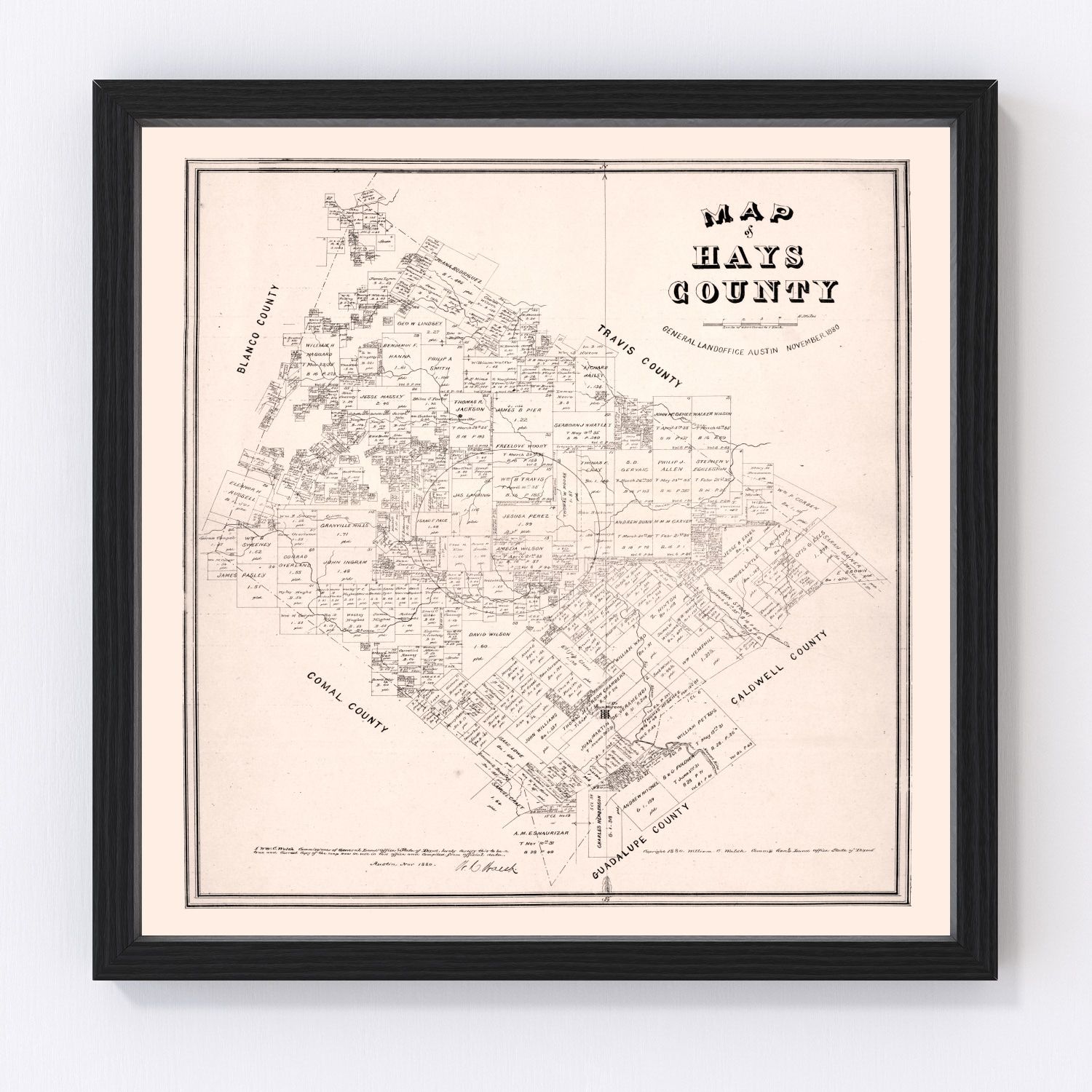 Vintage map of Hays County, Texas, 1880