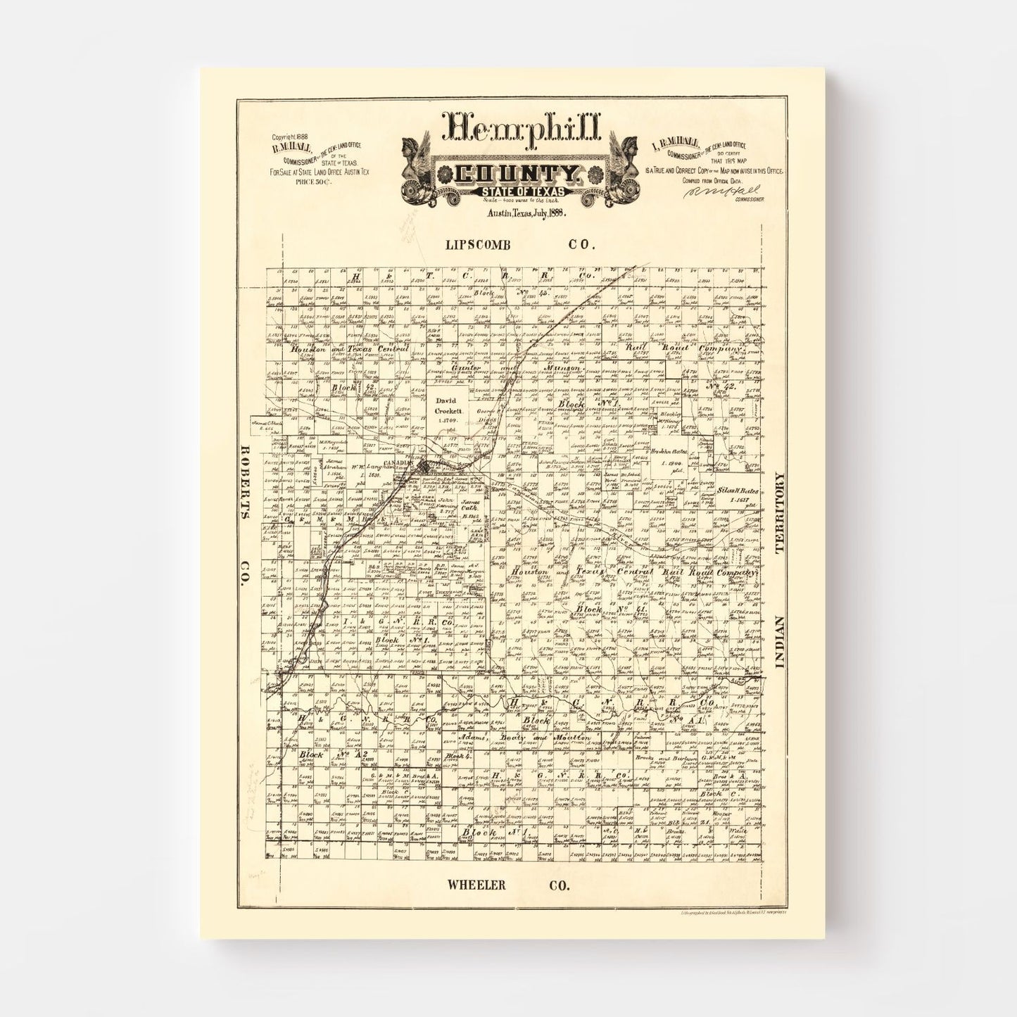 Vintage Map of Hemphill County, Texas, 1888