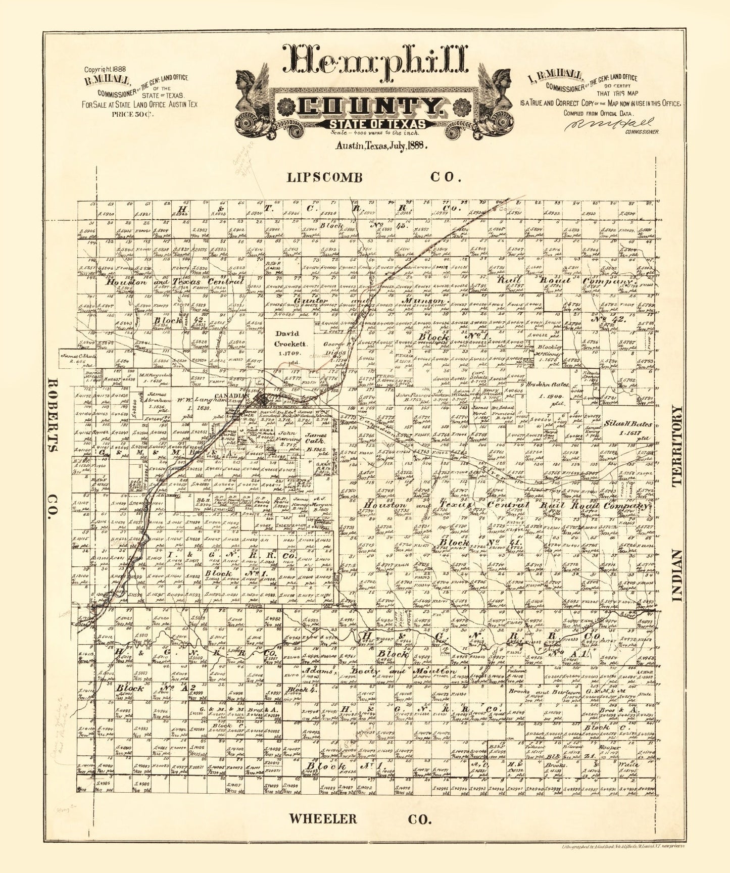 Vintage Map of Hemphill County, Texas, 1888