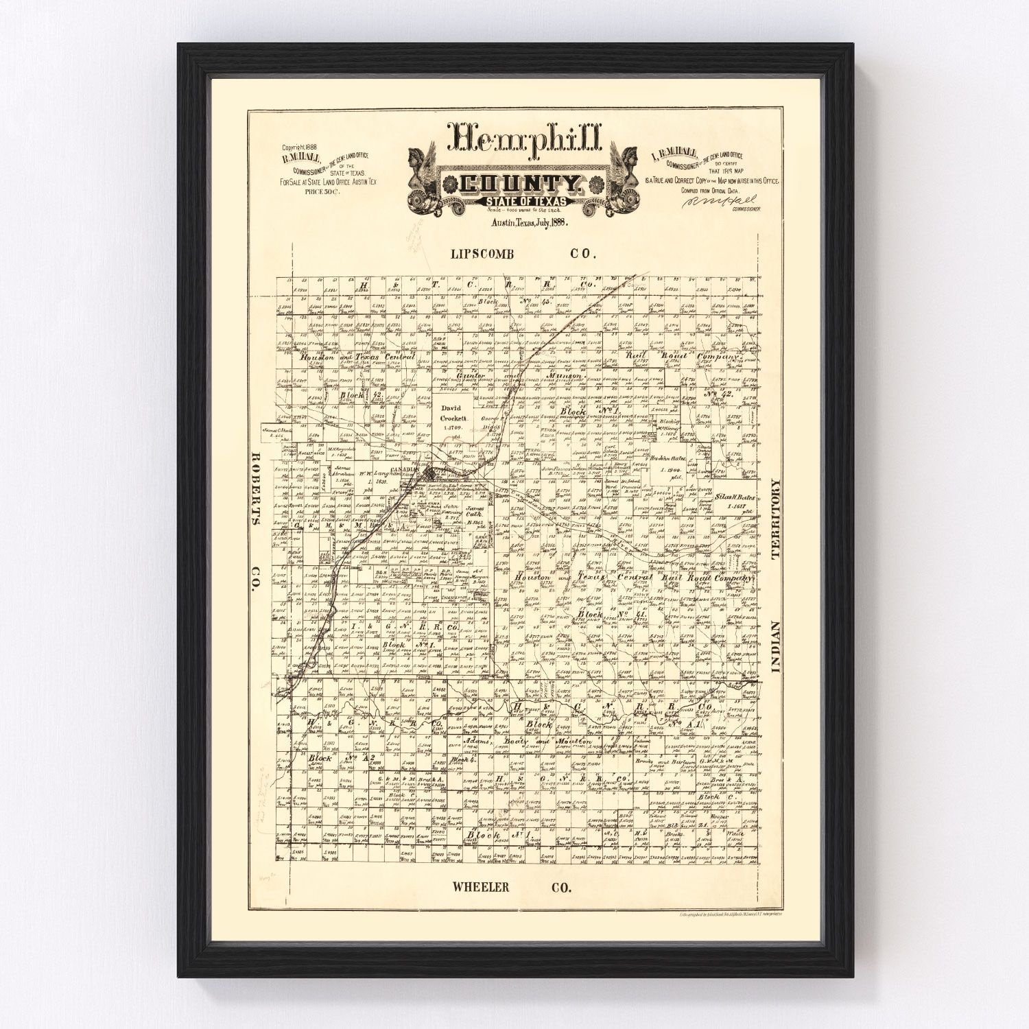 Vintage map of Hemphill County, Texas, 1888