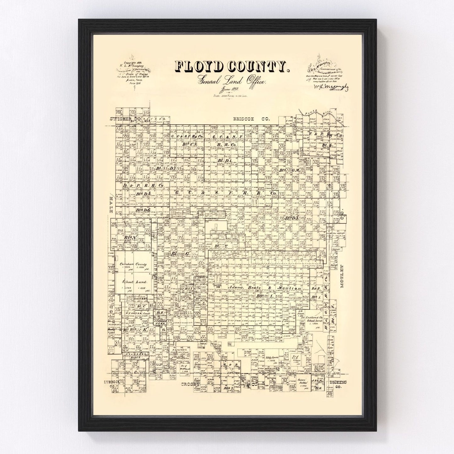 Vintage restored map of Floyd County, Texas, 1892, Llano Estacado ranching era