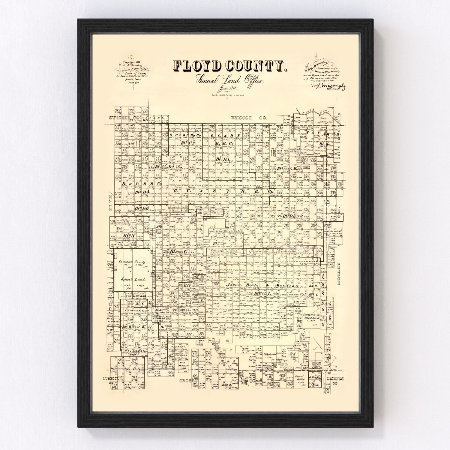 Vintage restored map of Floyd County, Texas, 1892, Llano Estacado ranching era