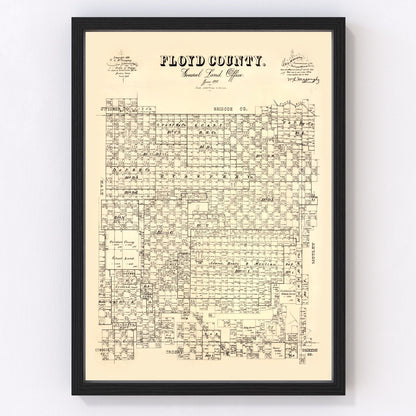 Vintage restored map of Floyd County, Texas, 1892, Llano Estacado ranching era