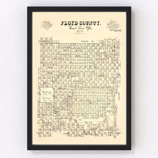 Vintage restored map of Floyd County, Texas, 1892, Llano Estacado ranching era