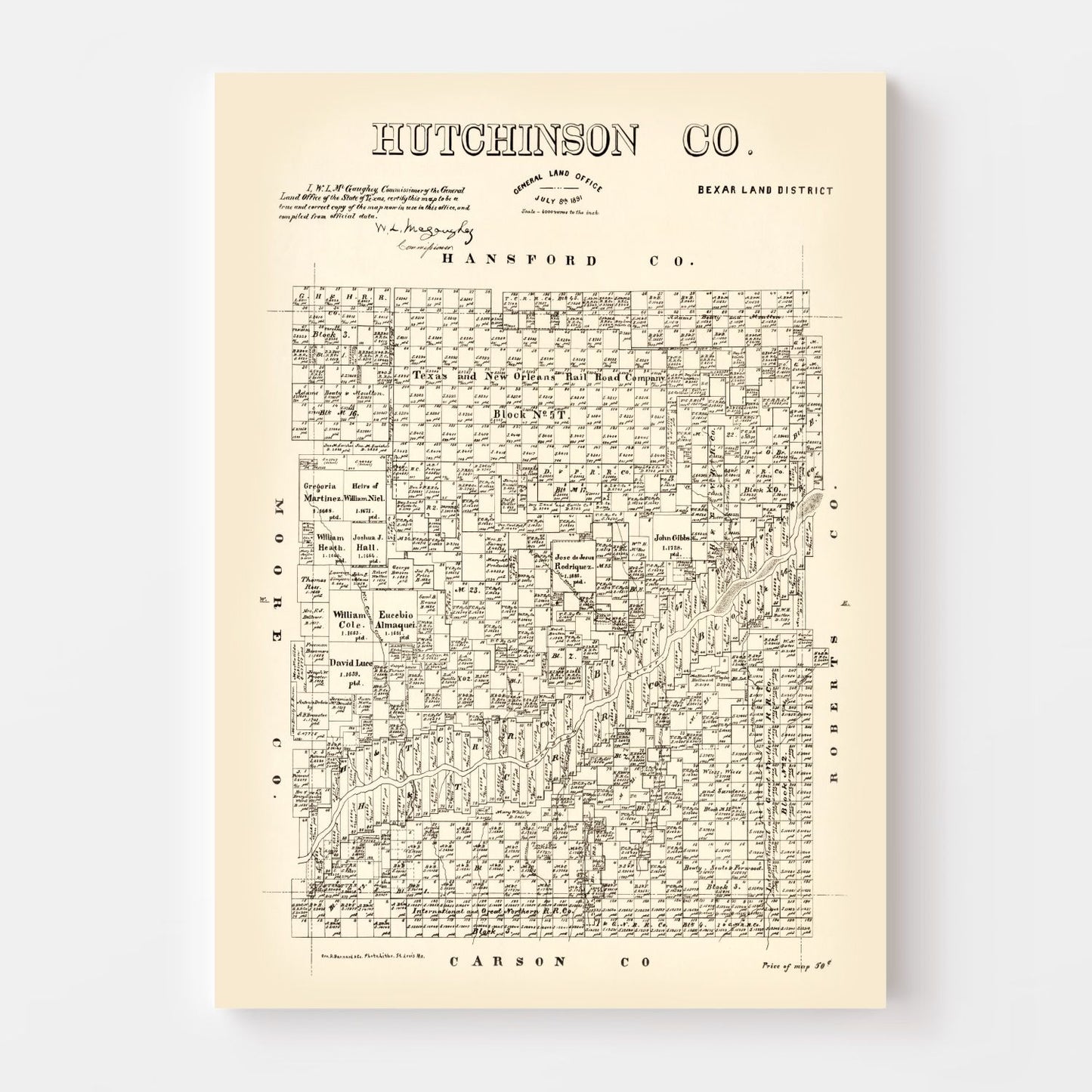 Vintage Map of Hutchinson County, Texas, 1891