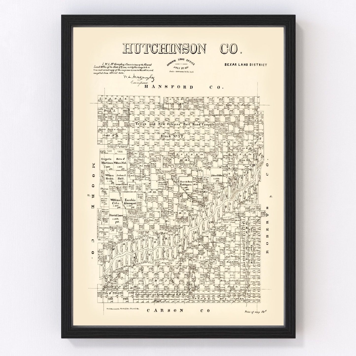 Vintage map of Hutchinson County, Texas, 1891