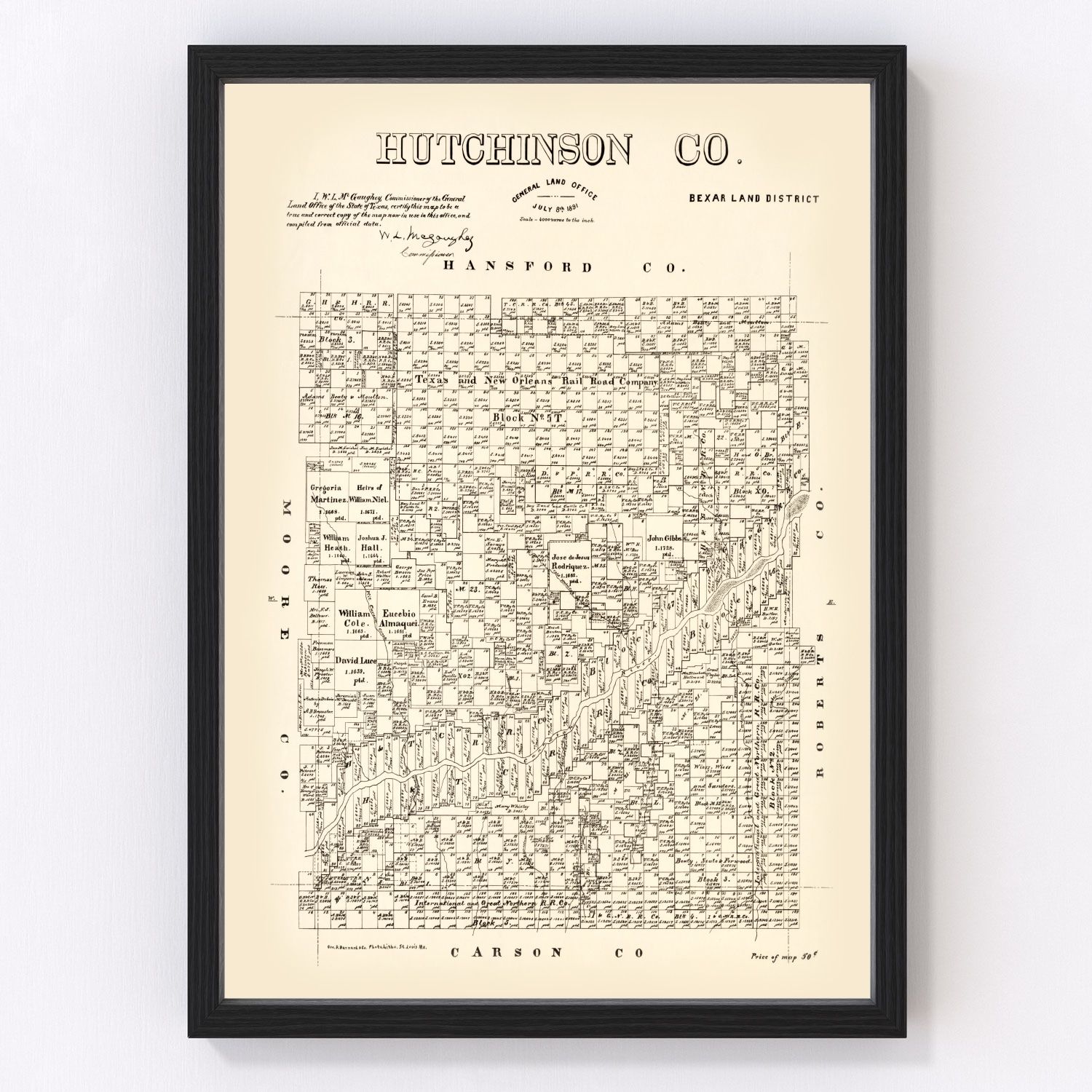 Vintage map of Hutchinson County, Texas, 1891