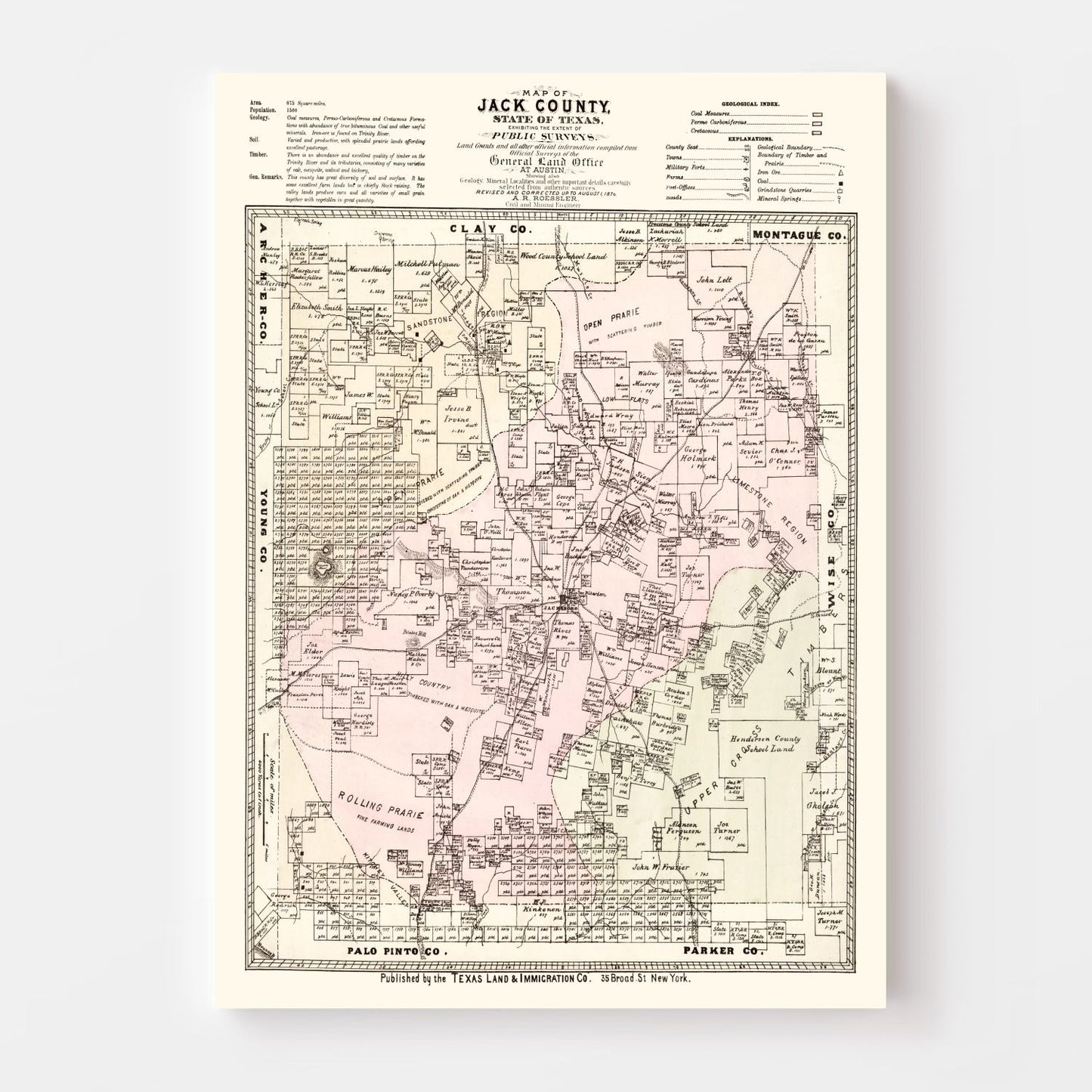 Vintage Map of Jack County, Texas, 1876