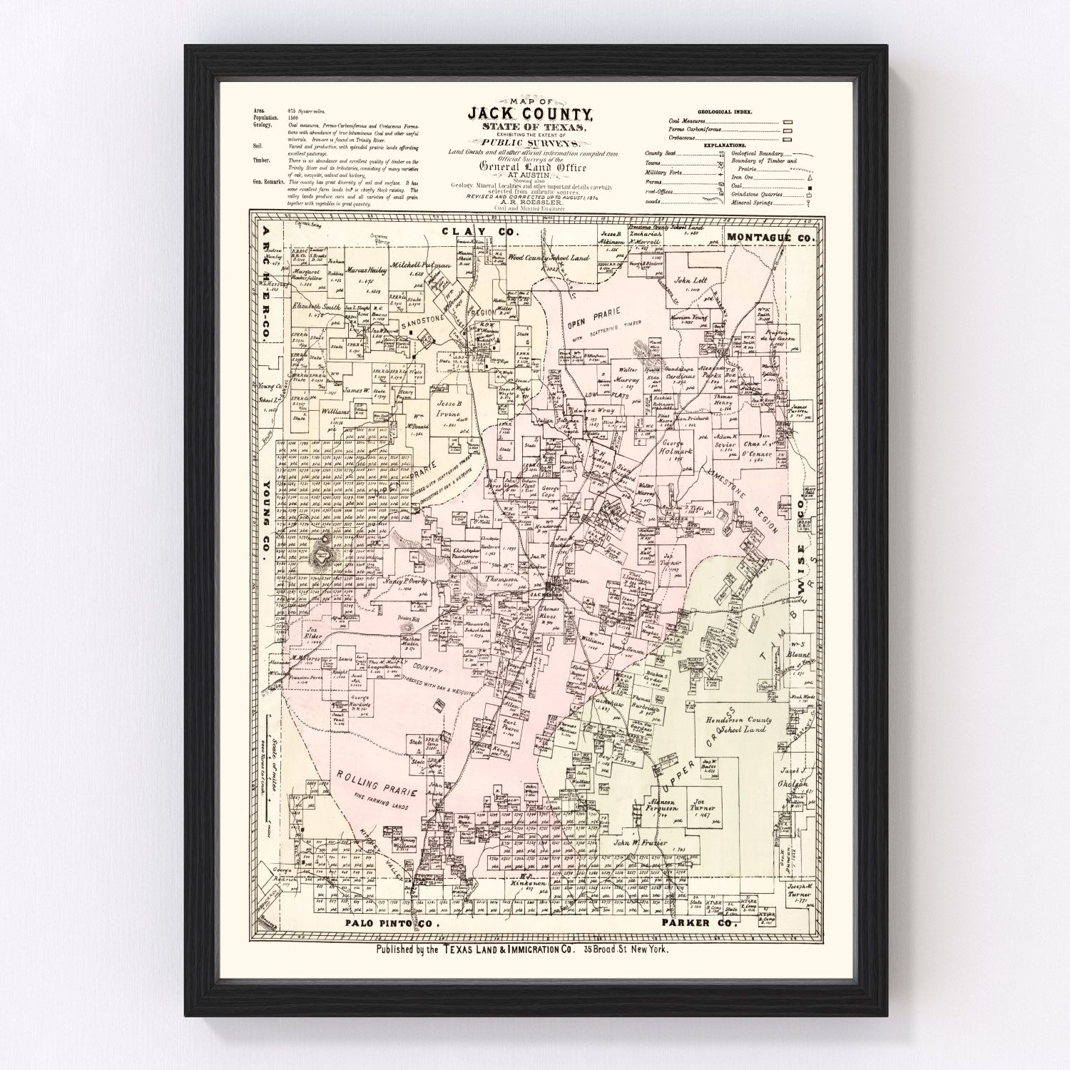 Vintage map of Jack County, Texas, 1876