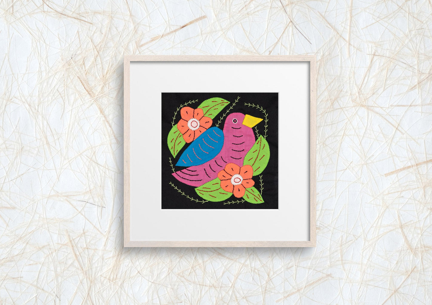 Pink and Blue Seedeater Bird Mola Tapestry Wall Hanging