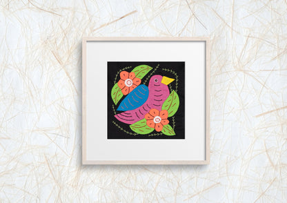 Pink and Blue Seedeater Bird Mola Tapestry Wall Hanging