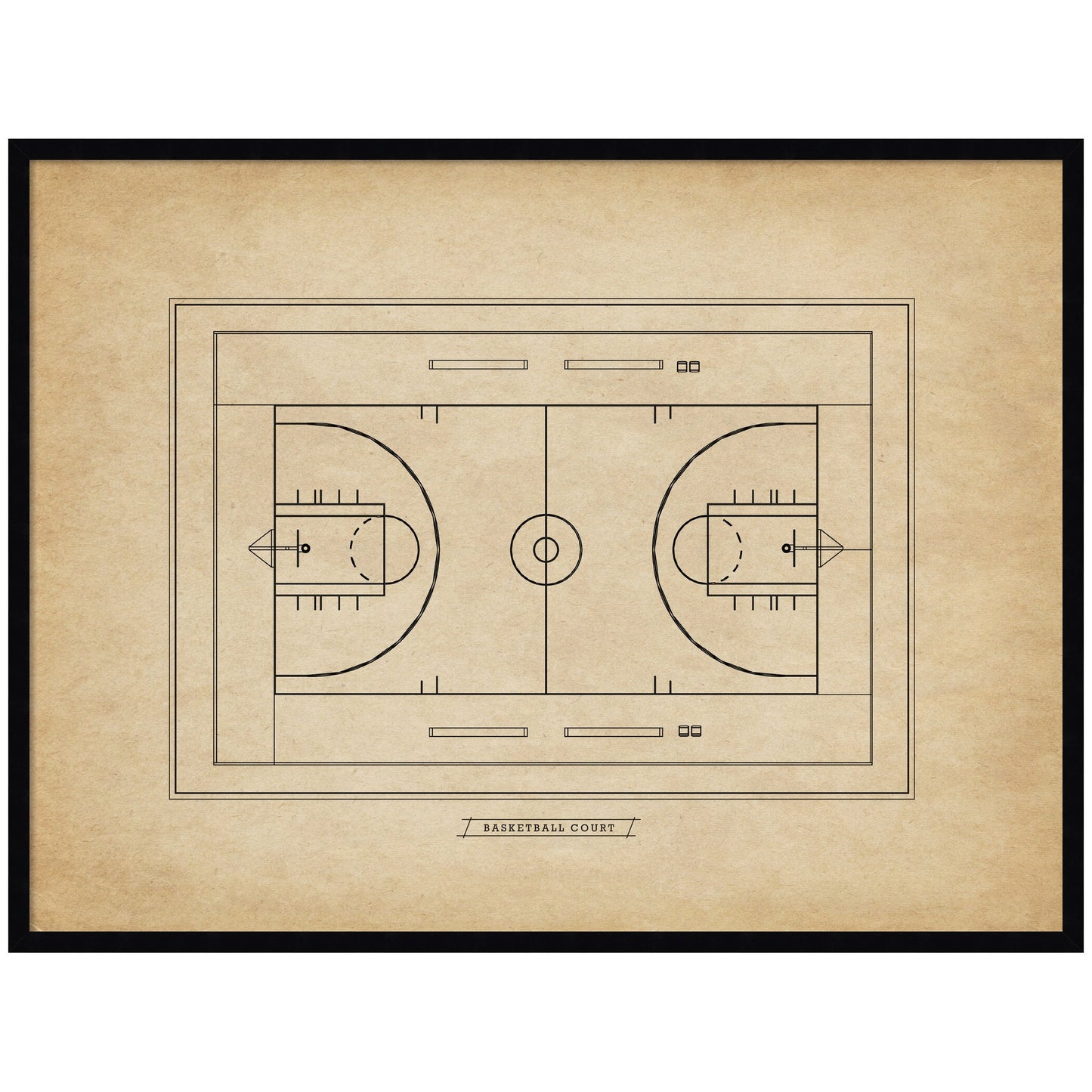 Vintage basketball court diagram framed wall art in black frame, ready to hang