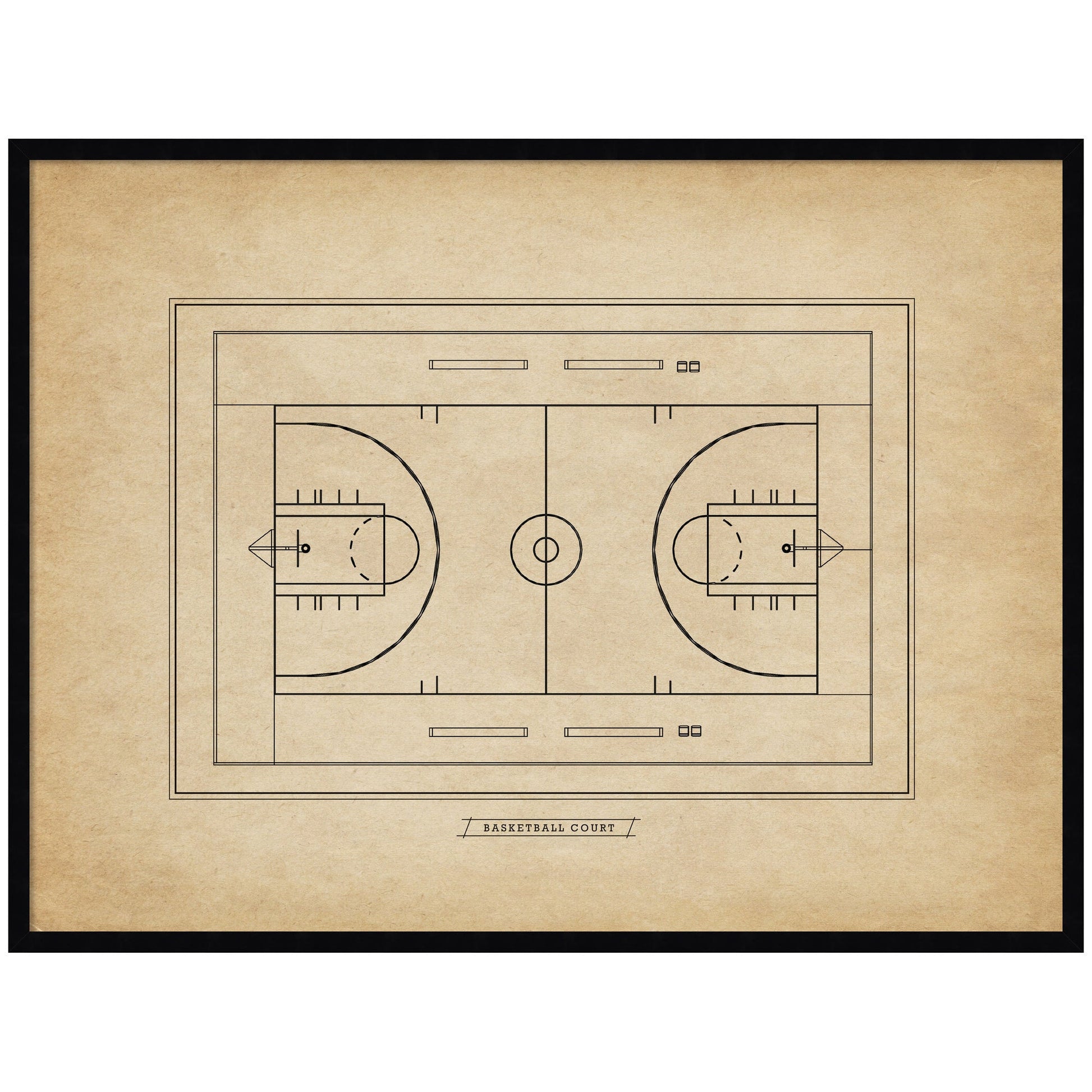 Vintage basketball court diagram framed wall art in black frame, ready to hang