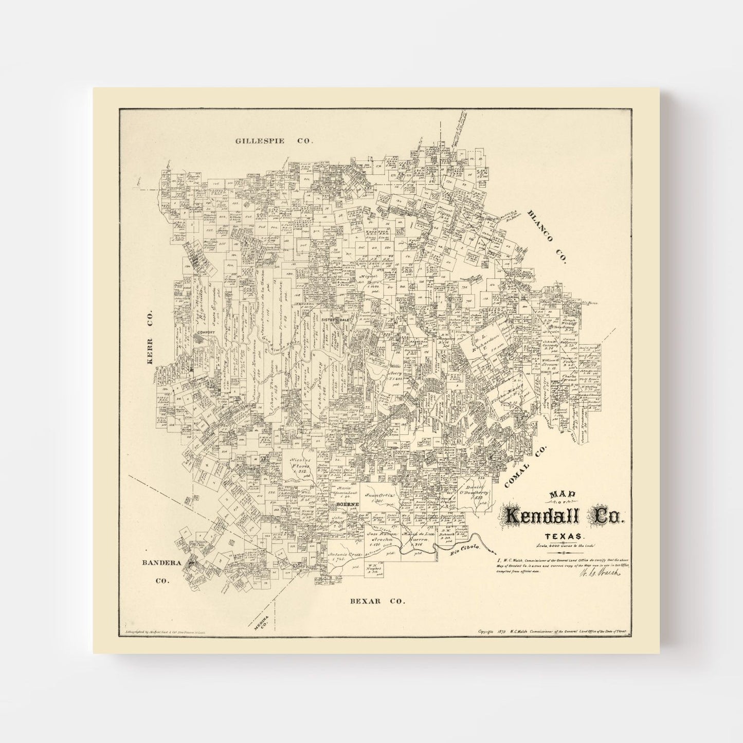 Vintage Map of Kendall County, Texas, 1879