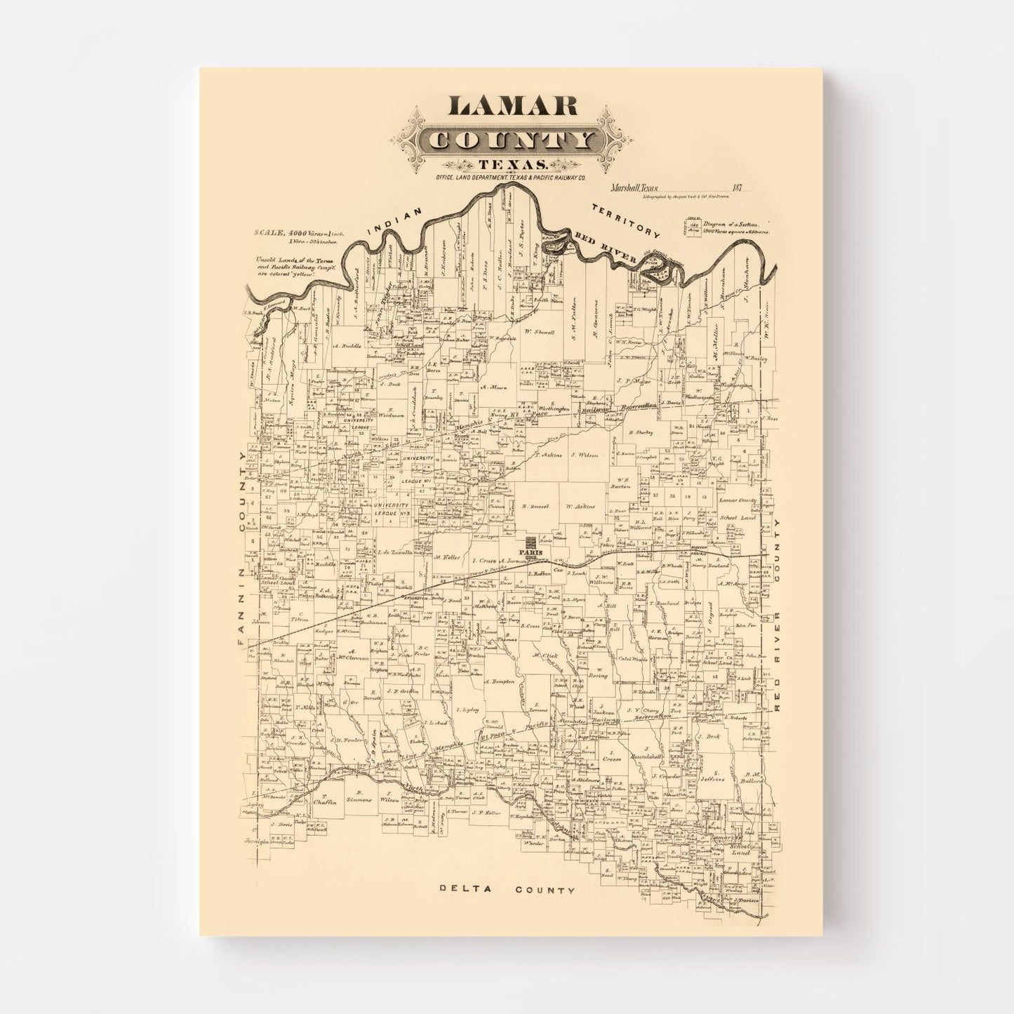 Vintage Map of Lamar County, Texas, 1870