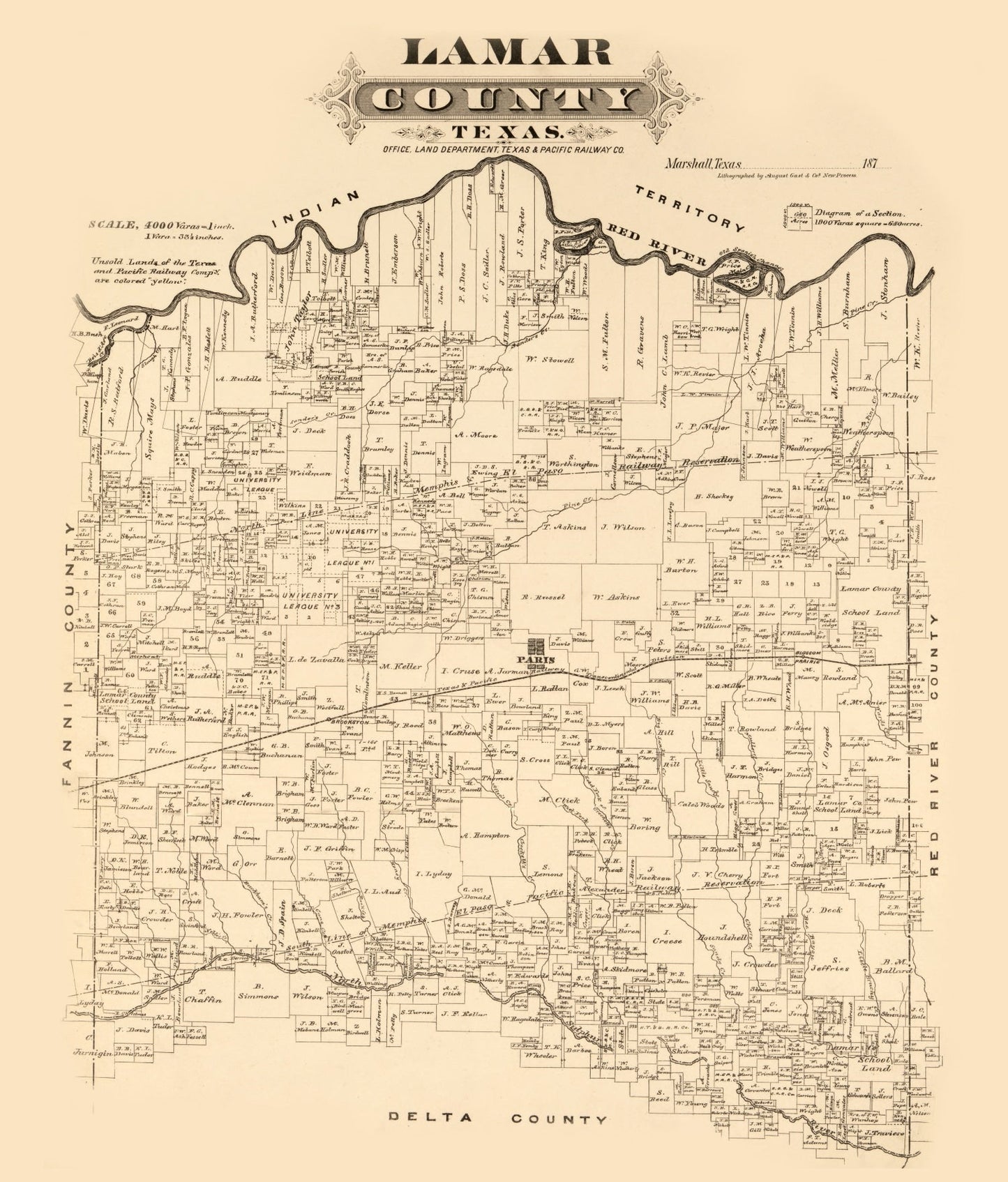 Vintage Map of Lamar County, Texas, 1870