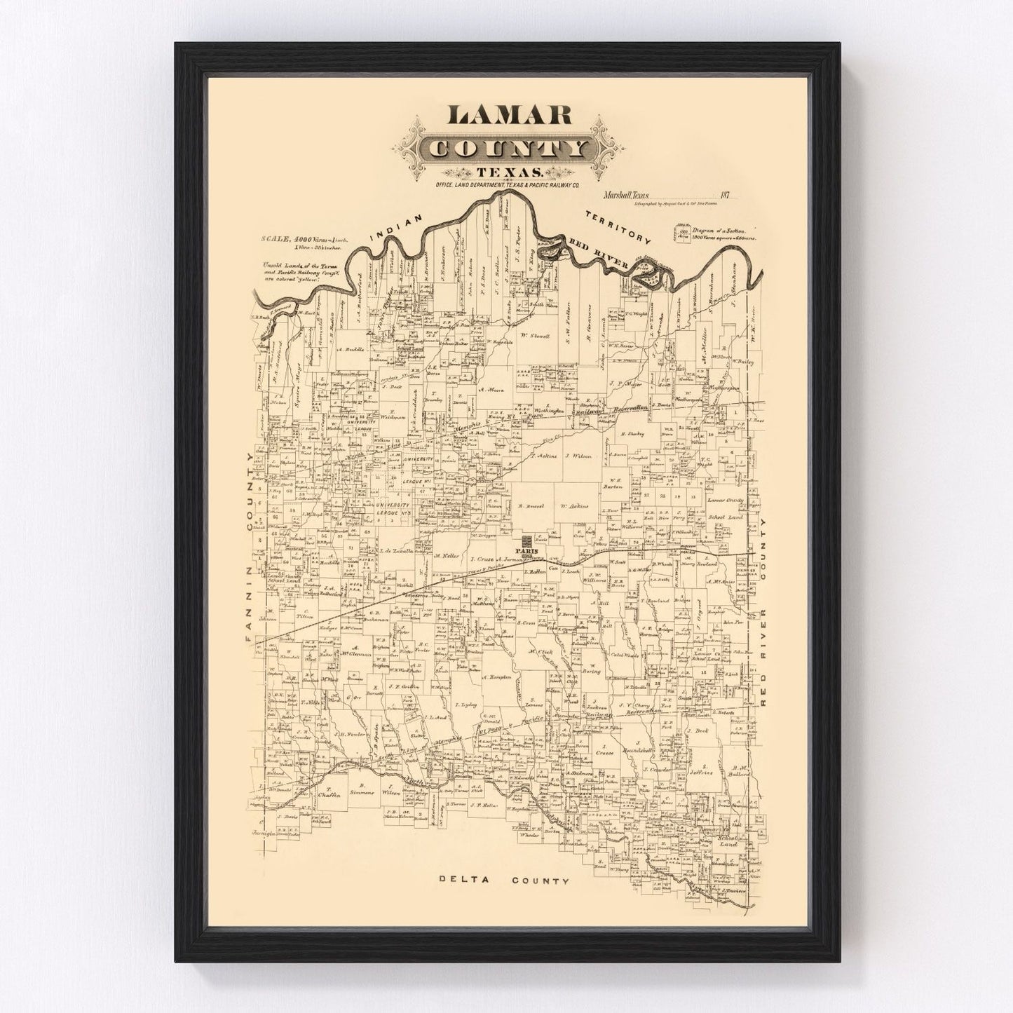 Vintage map of Lamar County, Texas, 1870