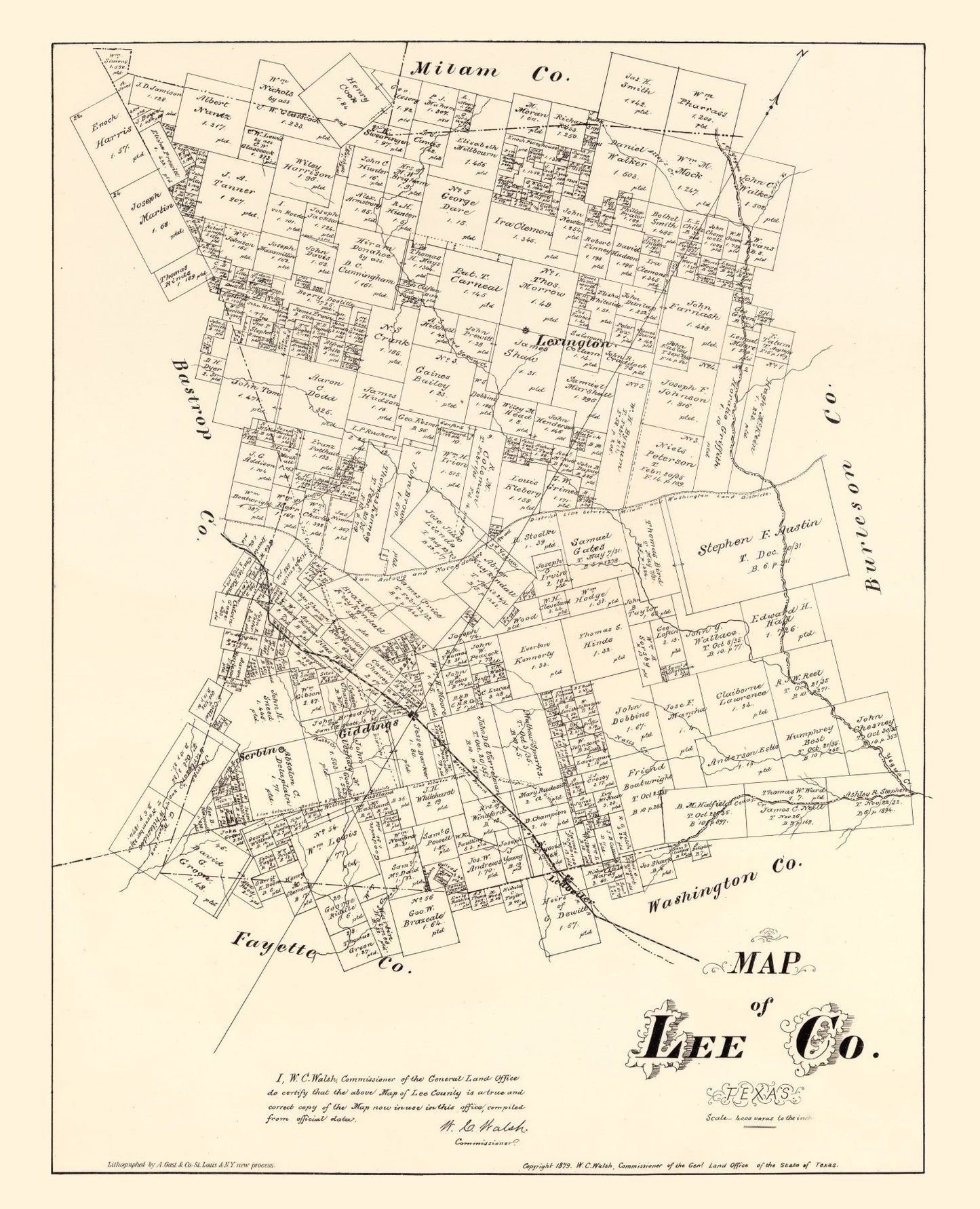 Vintage Map of Lee County, Texas, 1879