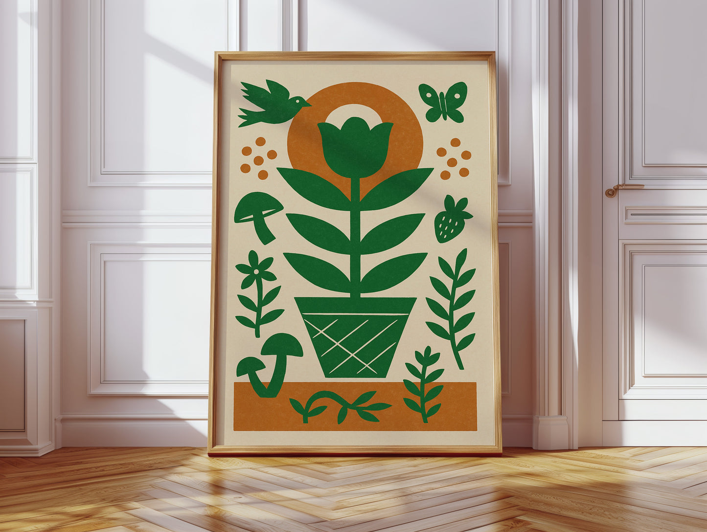 Folk Garden Wall Art - Bird, Butterfly and Tulip Print