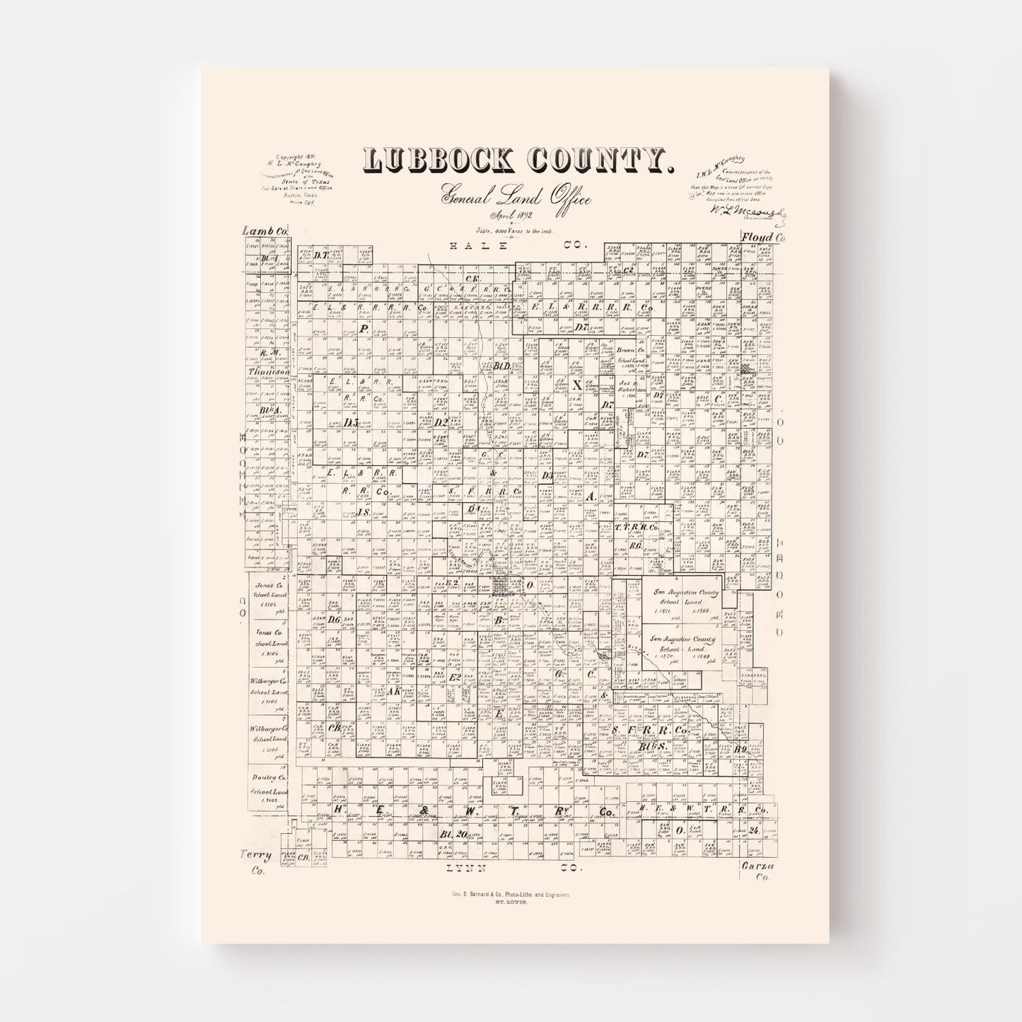 Vintage Map of Lubbock County, Texas, 1892