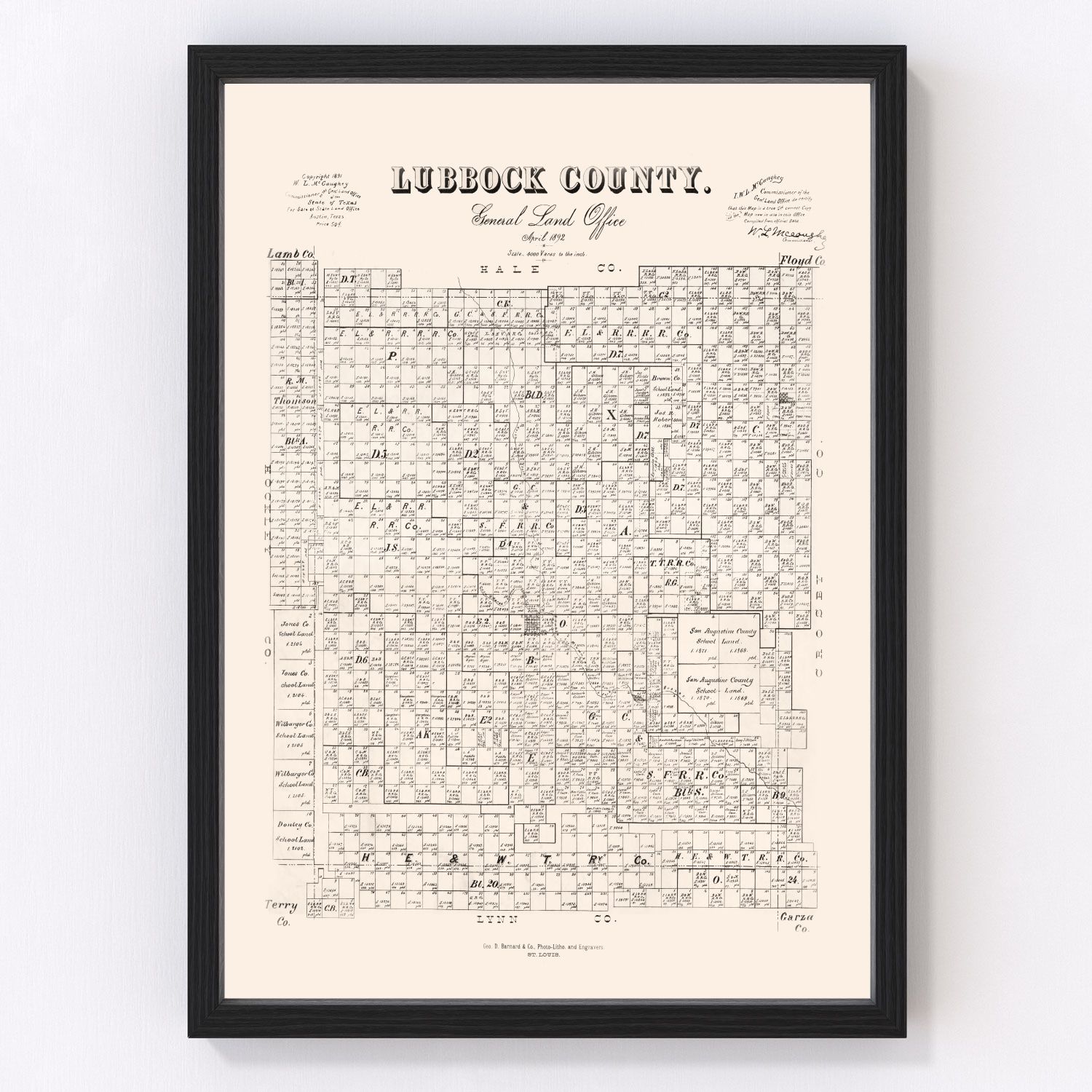 Vintage map of Lubbock County, Texas, 1892