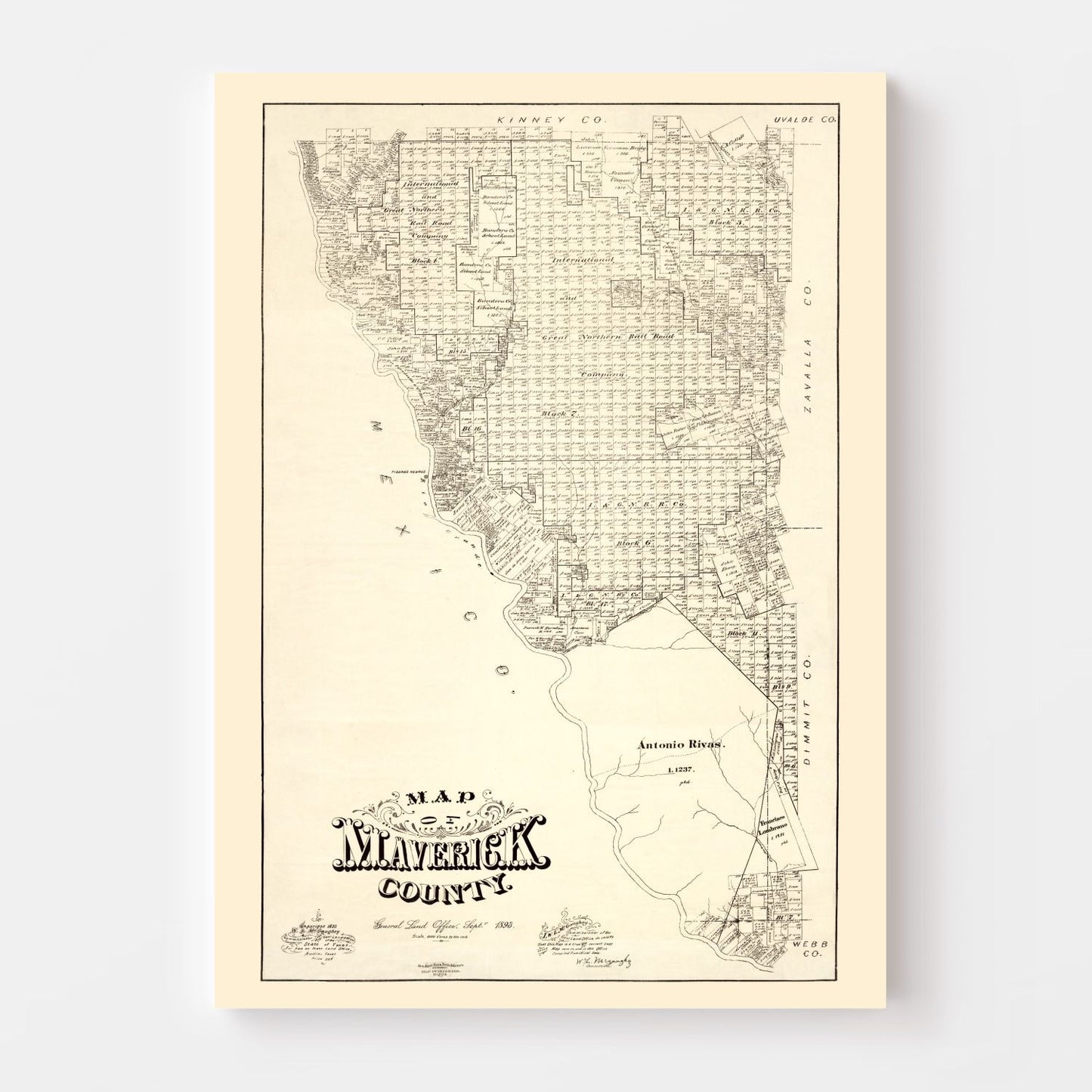 Vintage Map of Maverick County, Texas, 1893