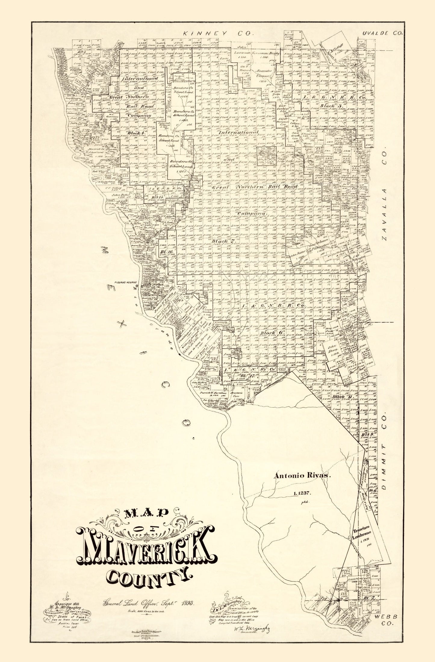 Vintage Map of Maverick County, Texas, 1893