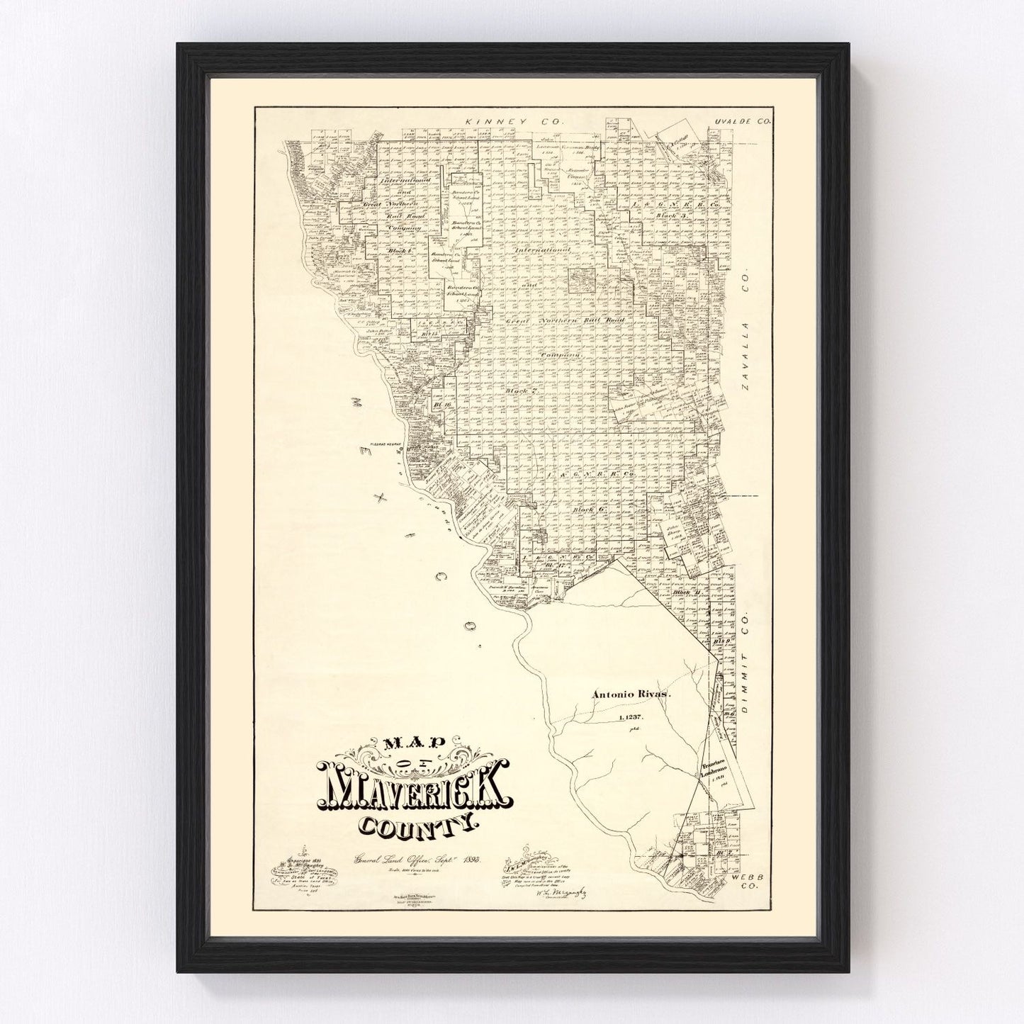 Vintage map of Maverick County, Texas, 1893