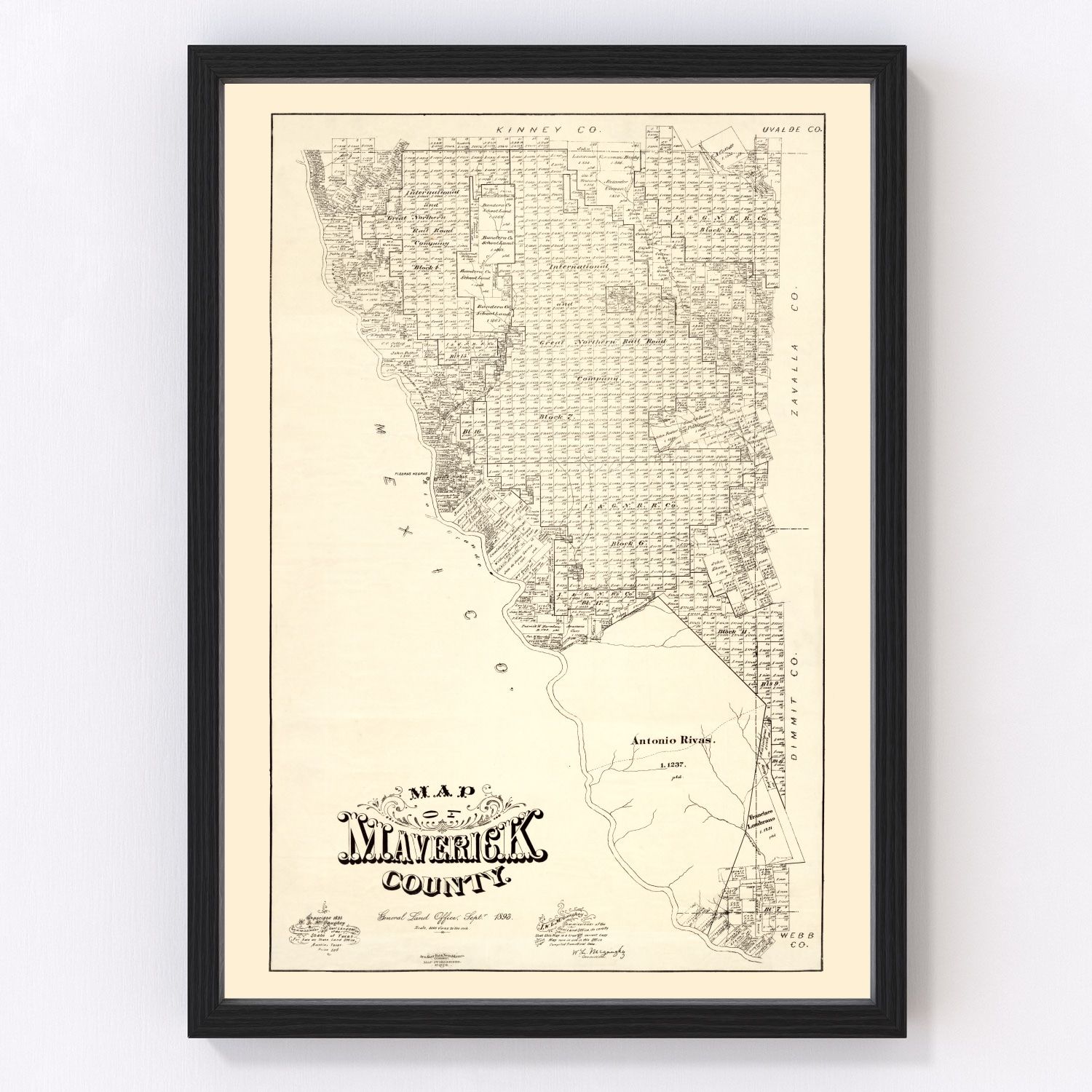 Vintage map of Maverick County, Texas, 1893