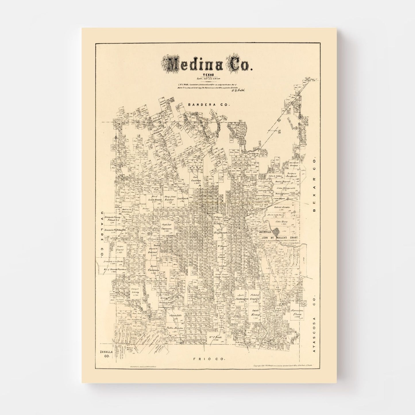 Vintage Map of Medina County, Texas, 1879