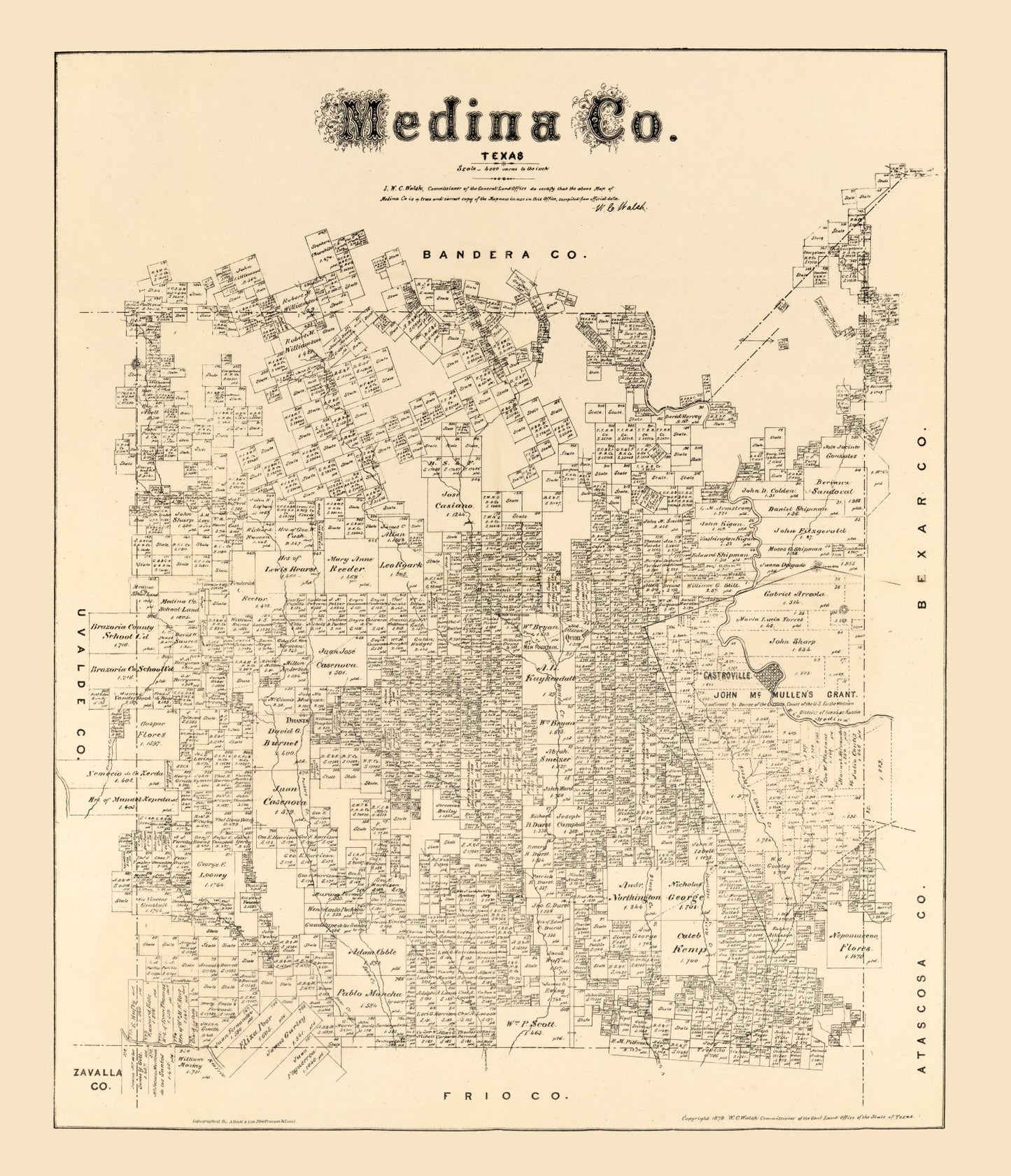Vintage Map of Medina County, Texas, 1879