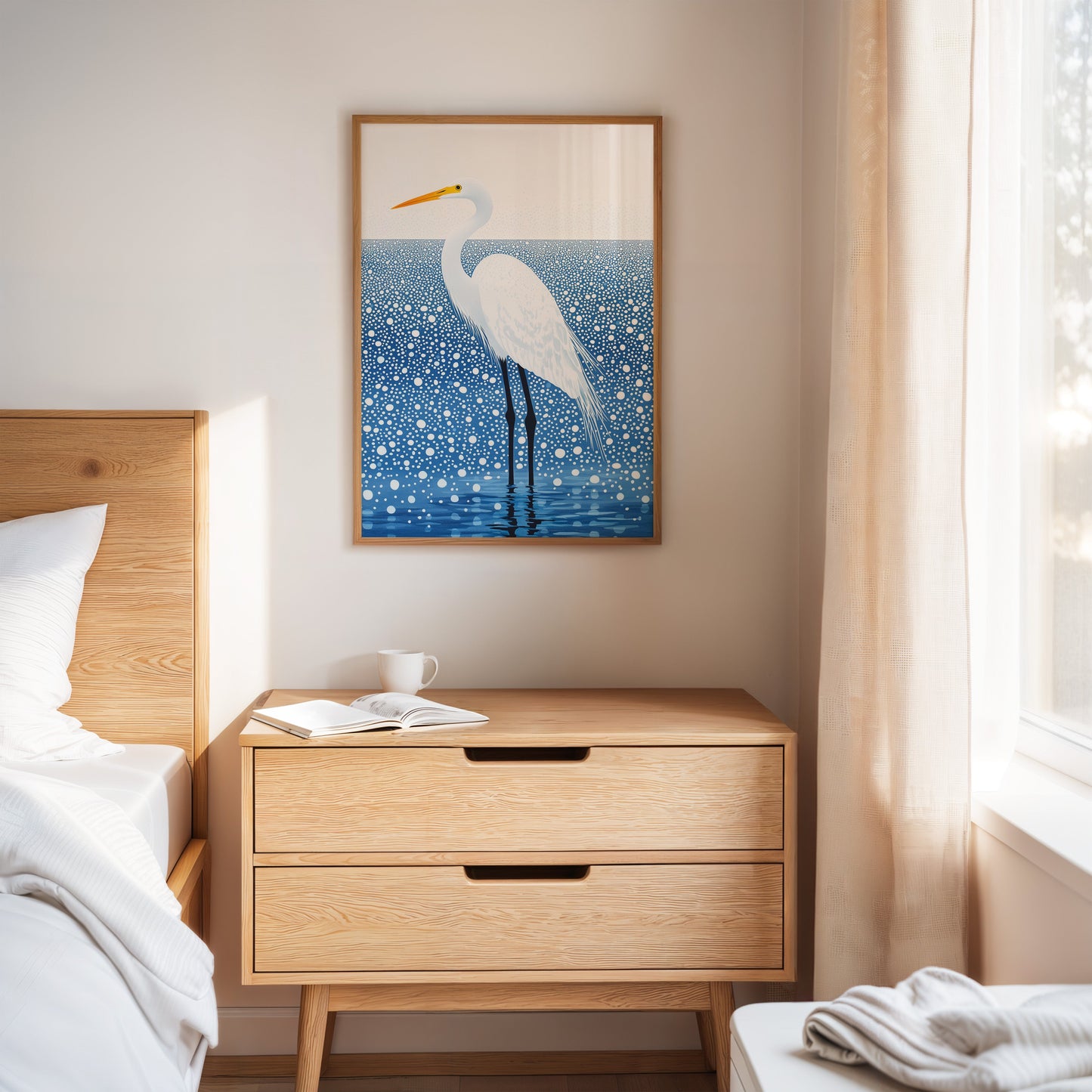 White Egret in Snowfall - Minimalist Bird Wall Art