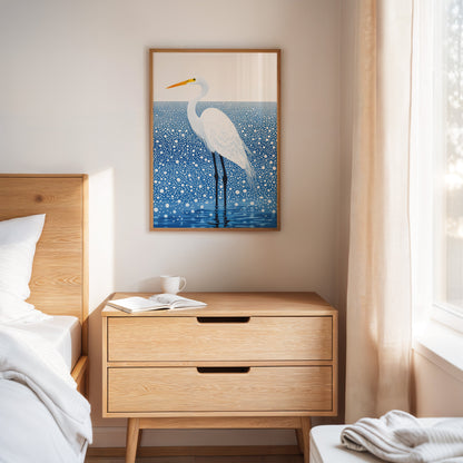 White Egret in Snowfall - Minimalist Bird Wall Art