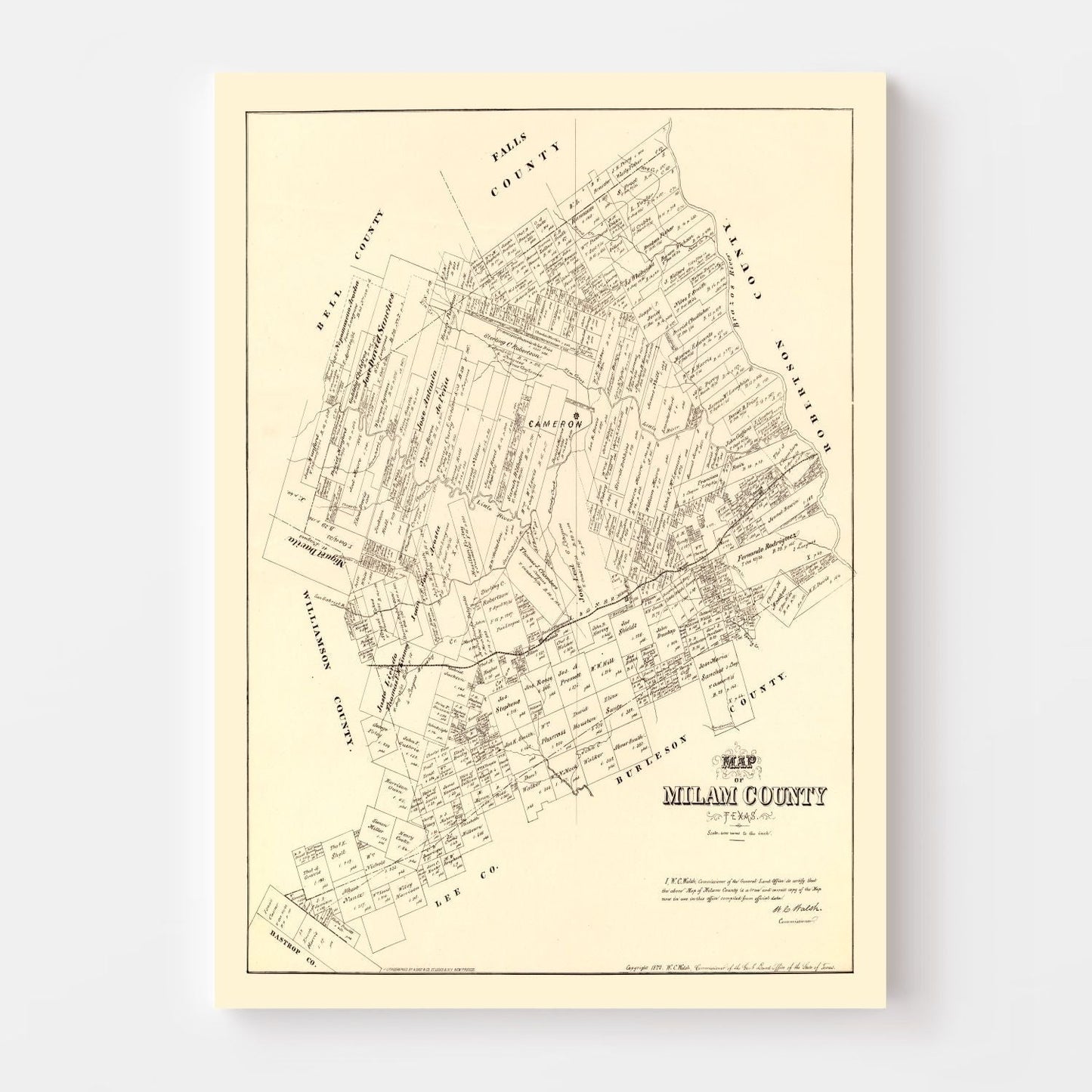 Vintage Map of Milam County, Texas, 1879
