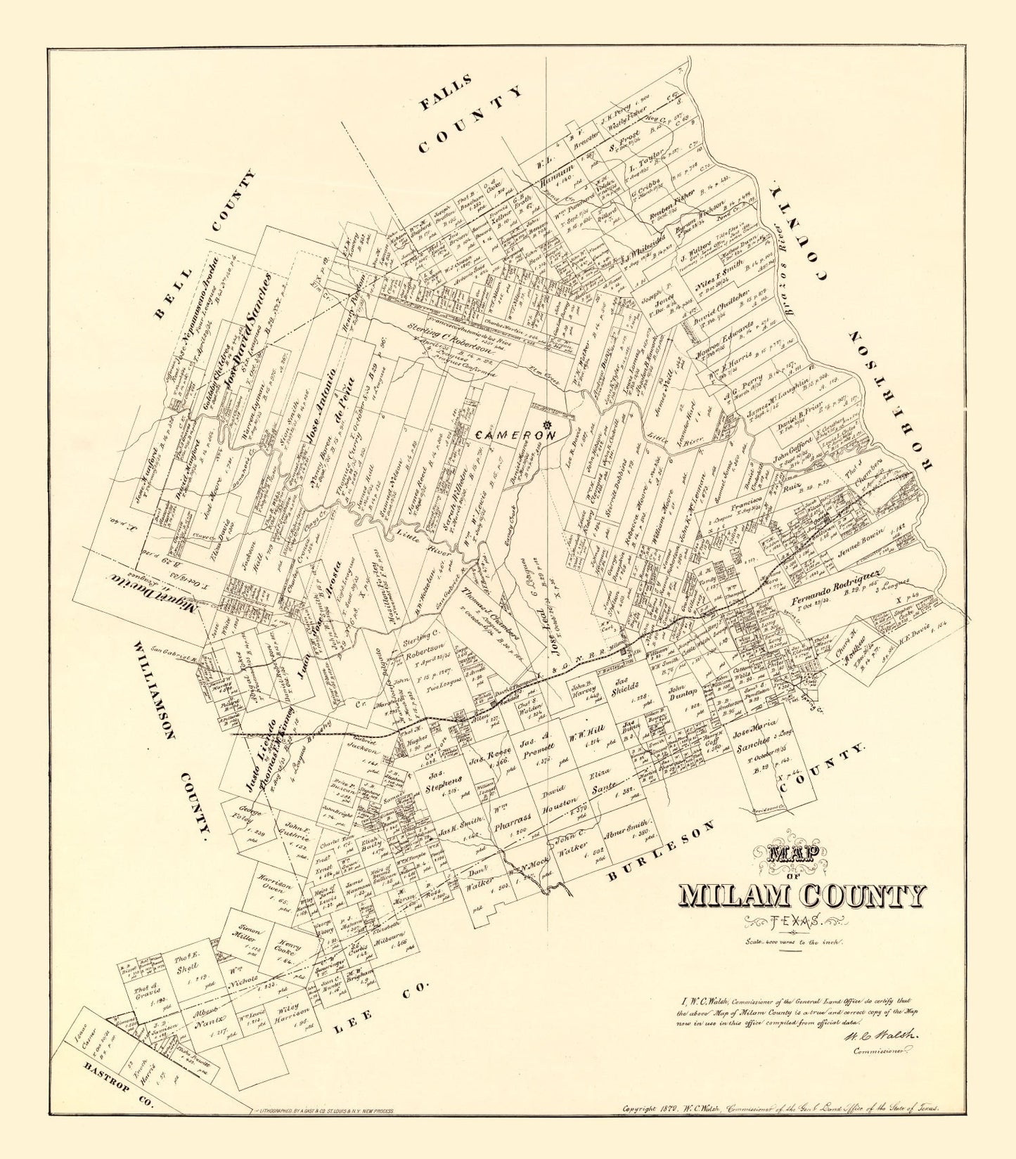 Vintage Map of Milam County, Texas, 1879