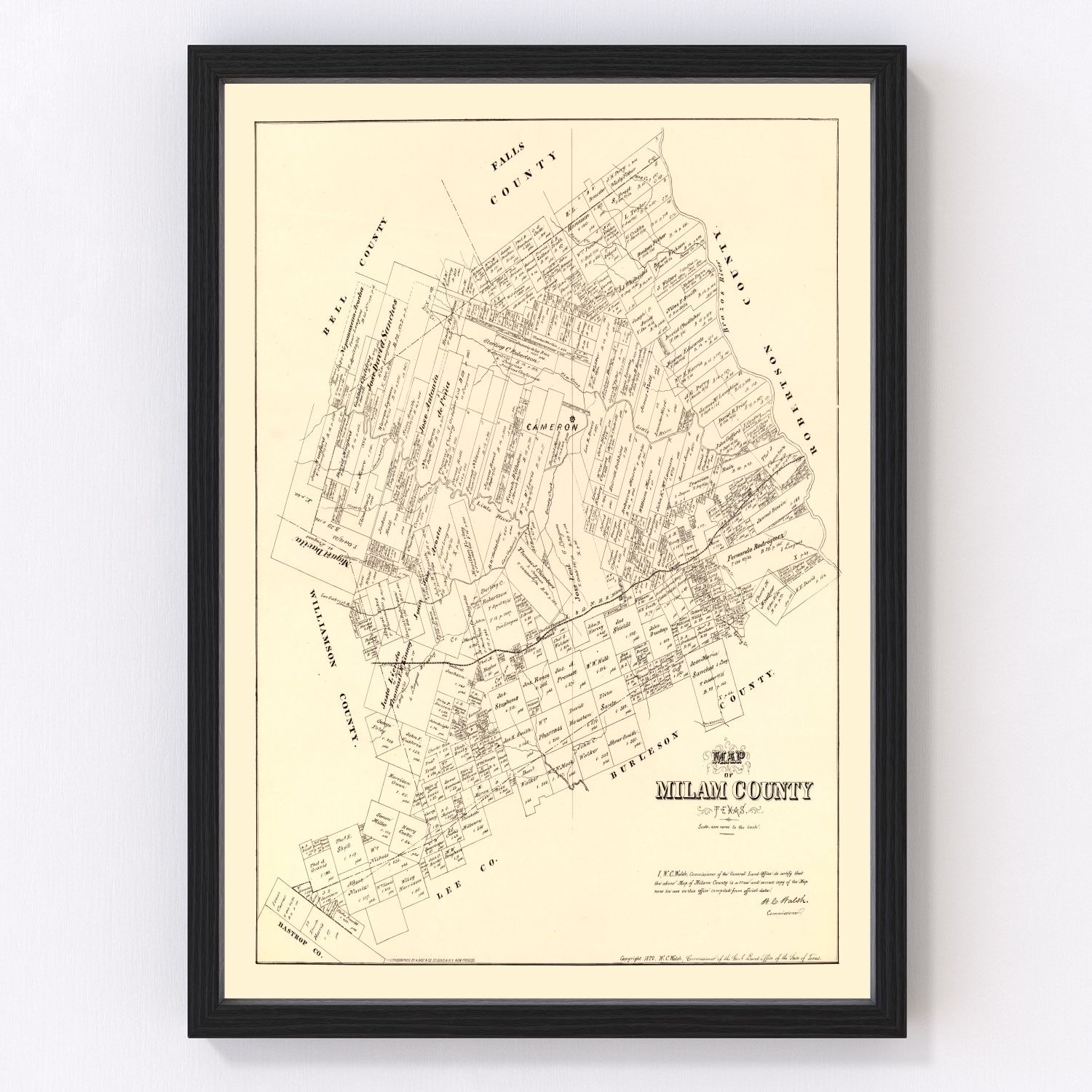 vintage map of Milam County, Texas, 1879