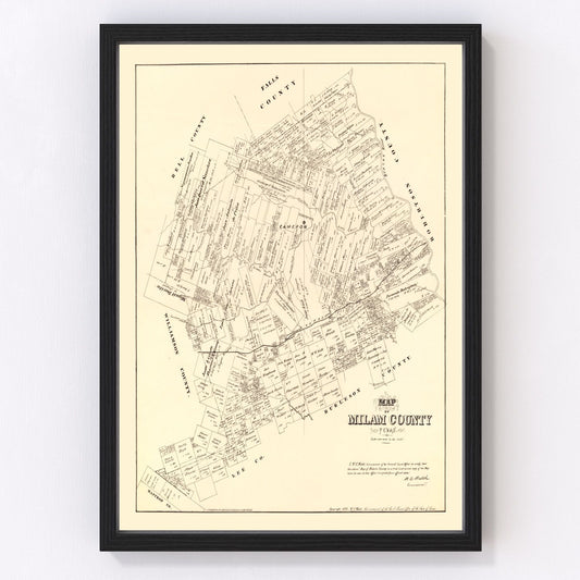 vintage map of Milam County, Texas, 1879