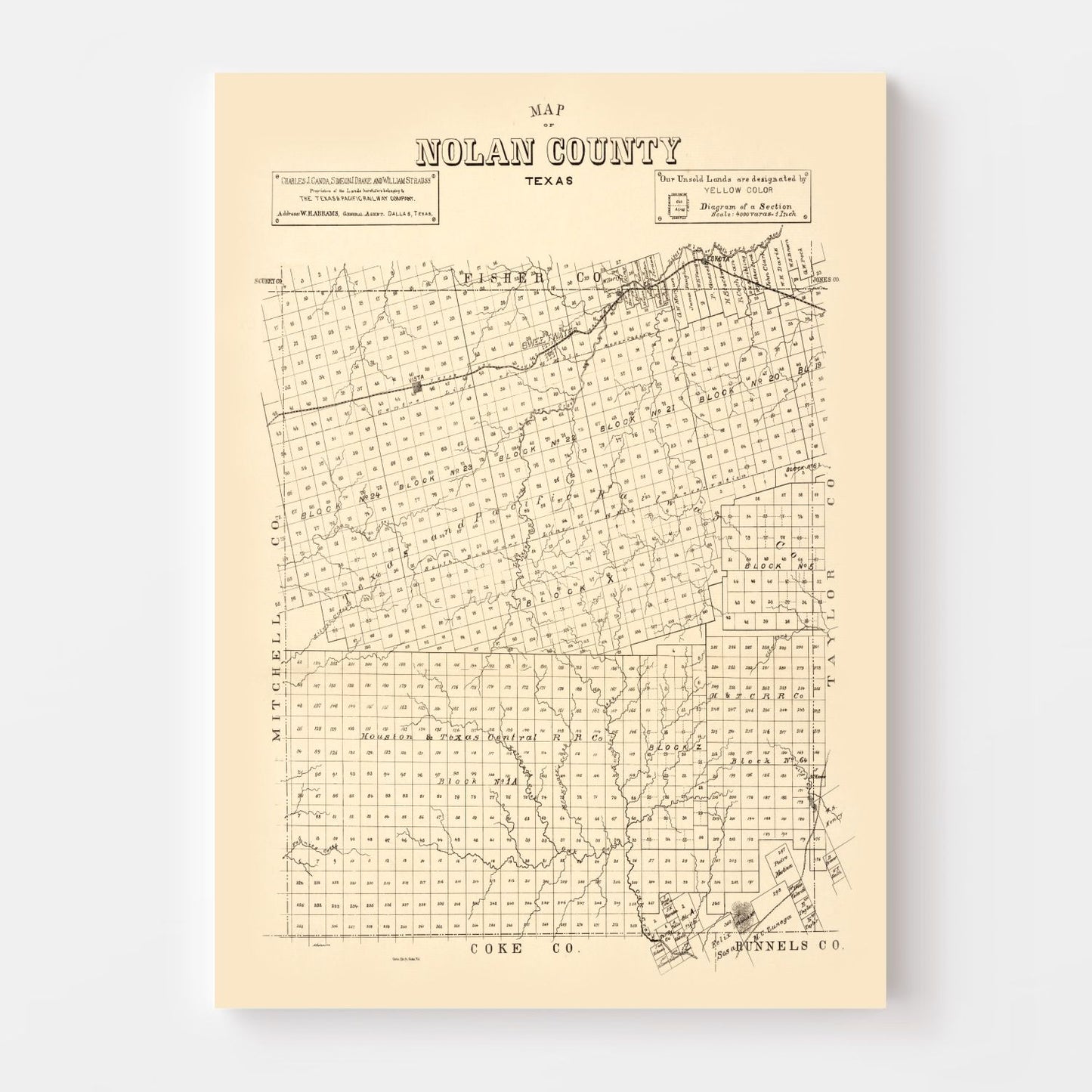 Vintage Map of Nolan County, Texas, 1890