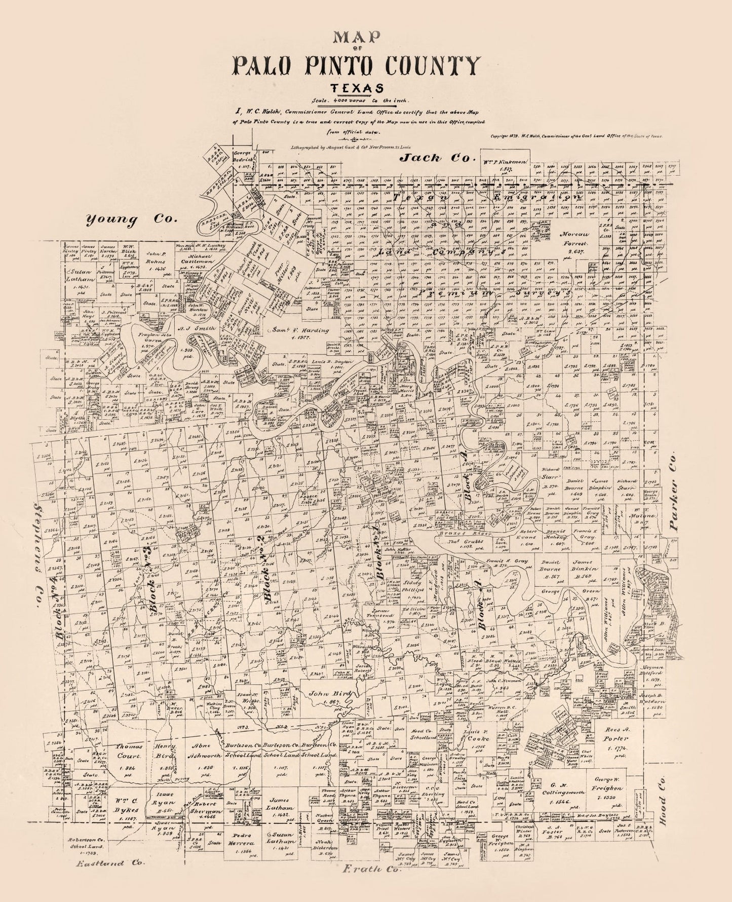 Vintage Map of Palo Pinto County, Texas, 1879