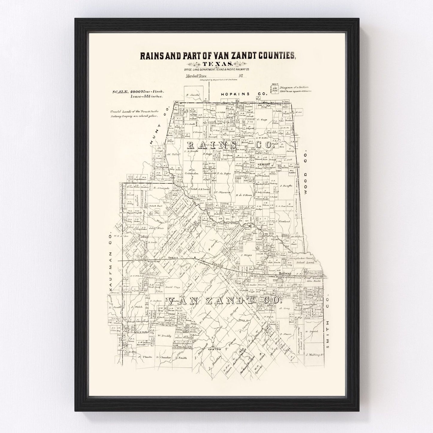 Vintage map of Rains County, Texas, 1870