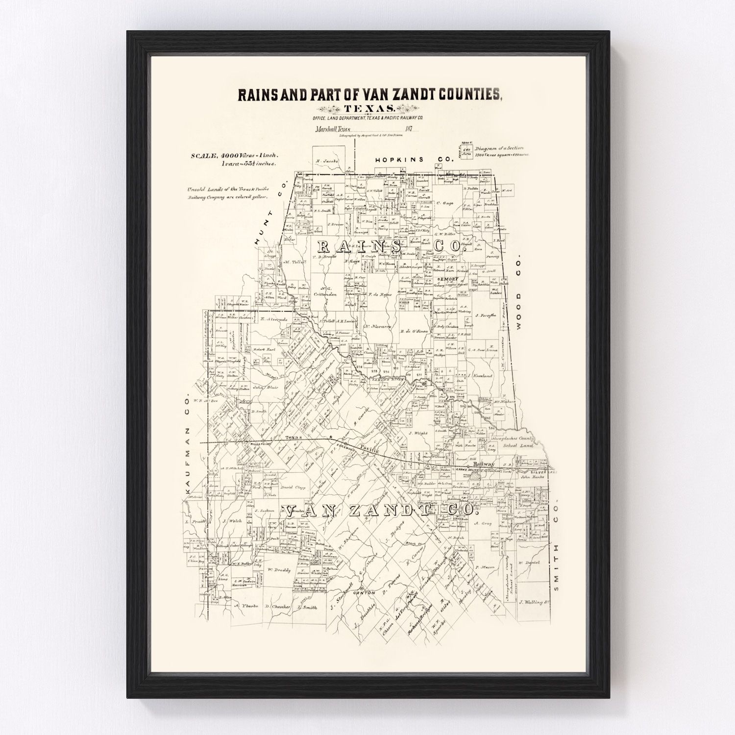 Vintage map of Rains County, Texas, 1870