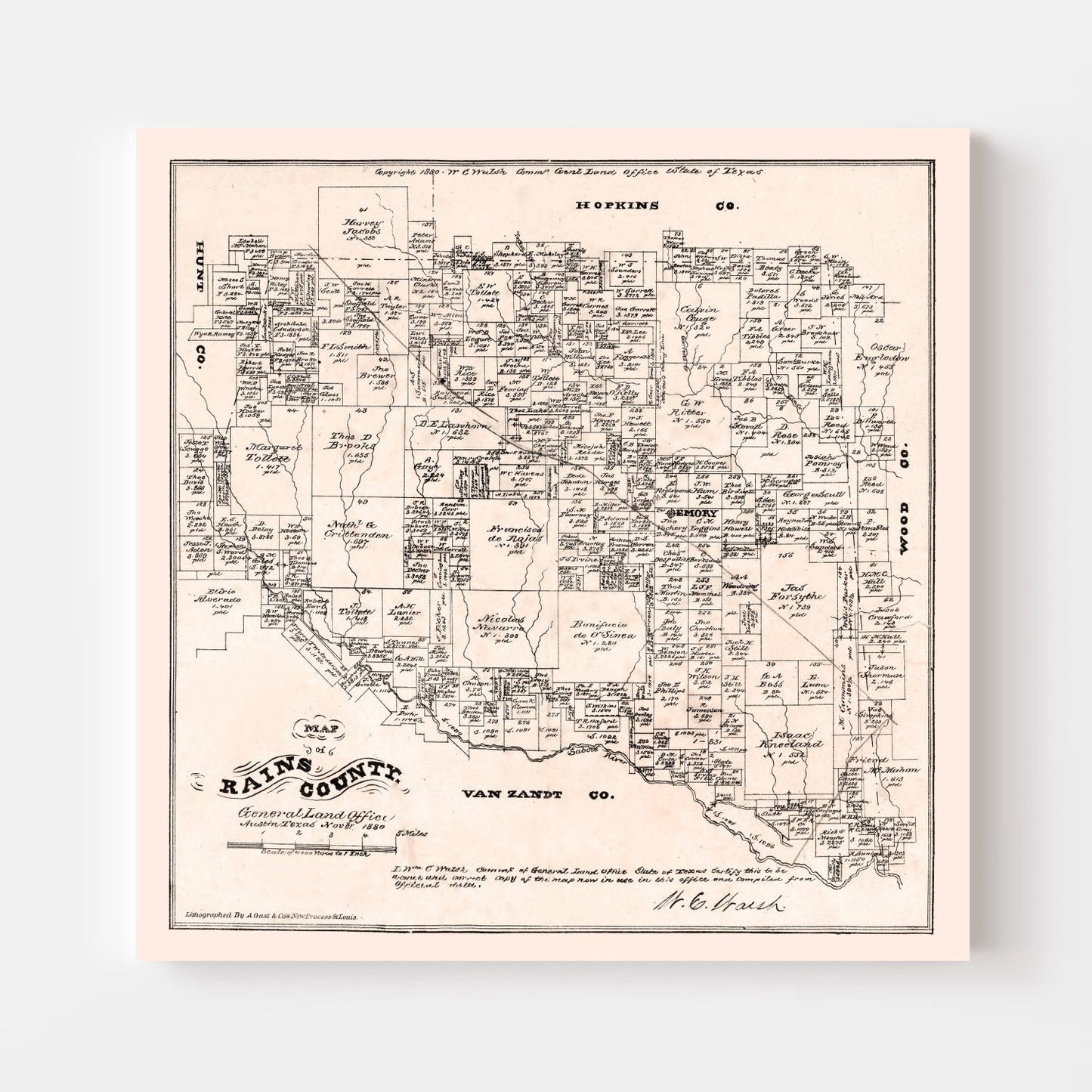Vintage Map of Rains County, Texas, 1880