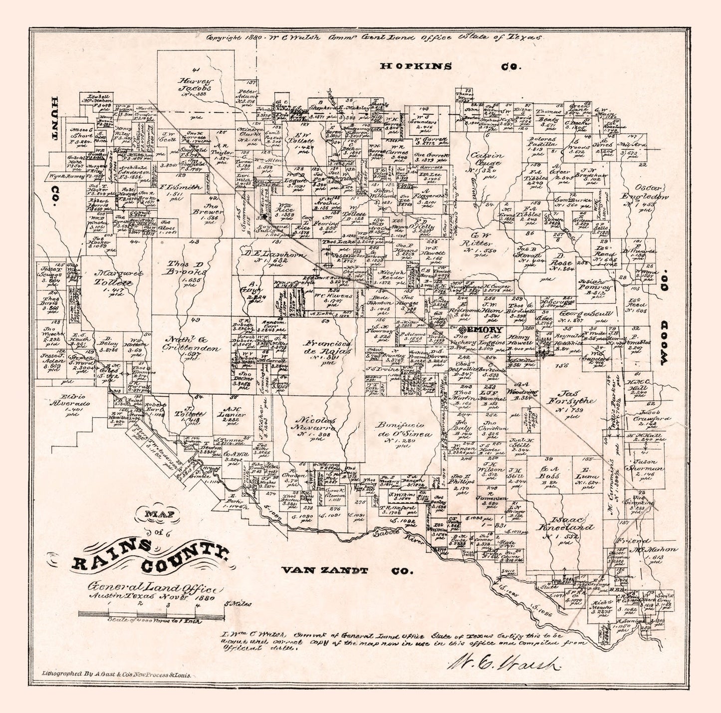 Vintage Map of Rains County, Texas, 1880