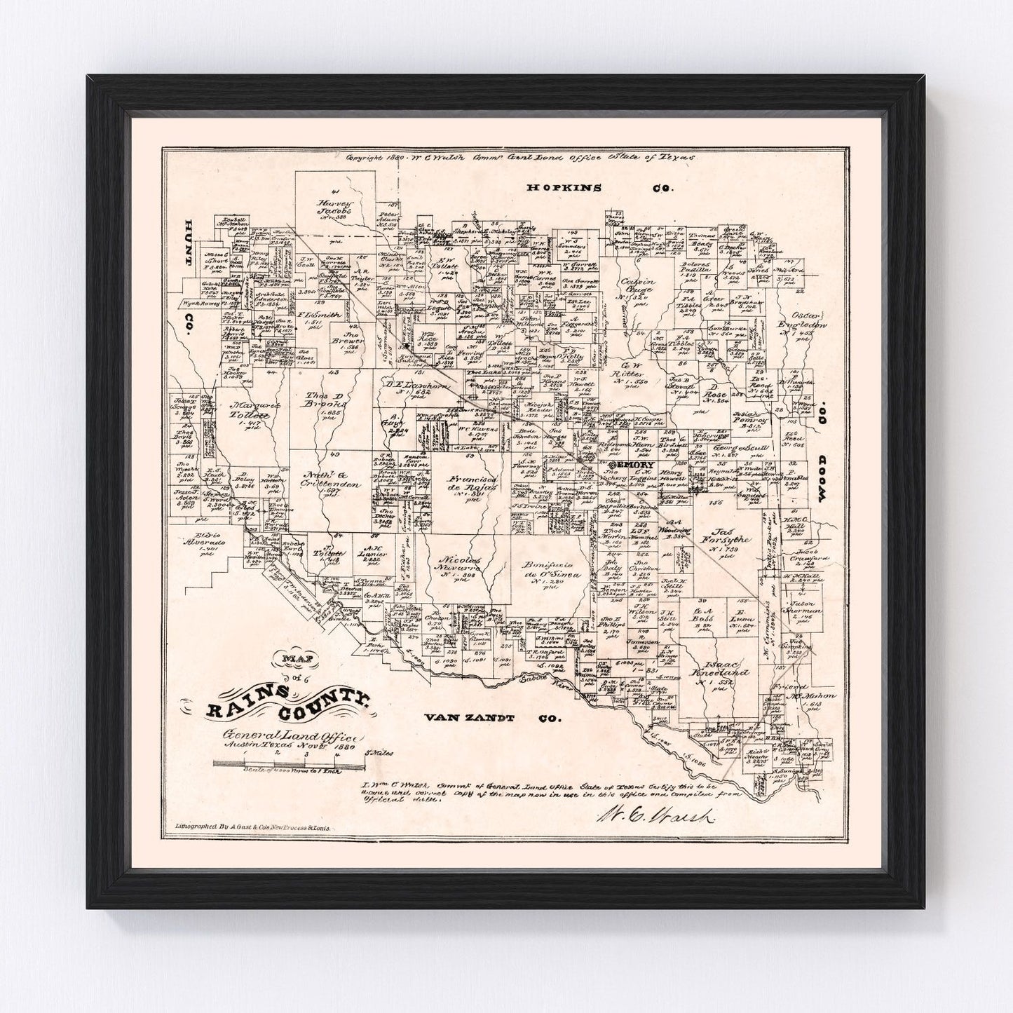 Vintage map of Rains County, Texas, 1880