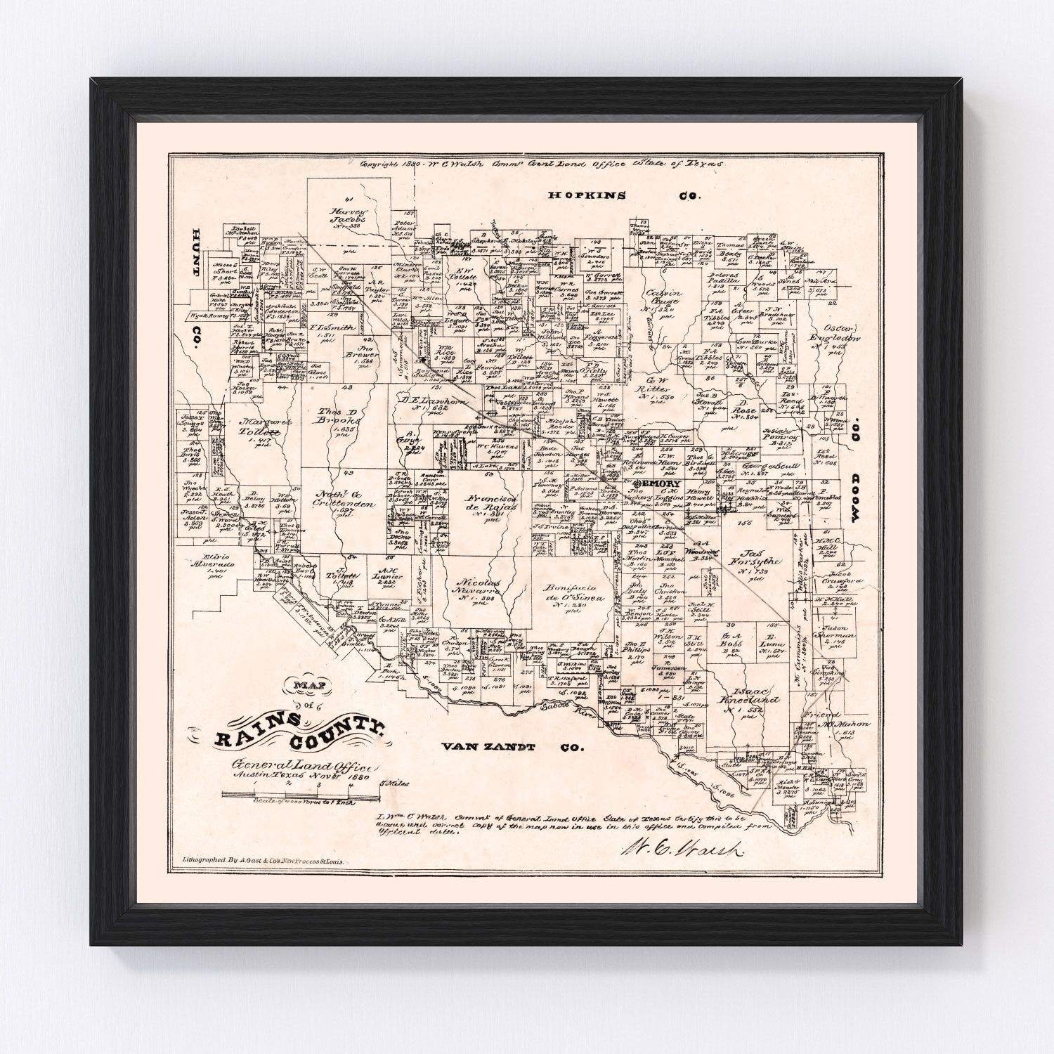 Vintage map of Rains County, Texas, 1880