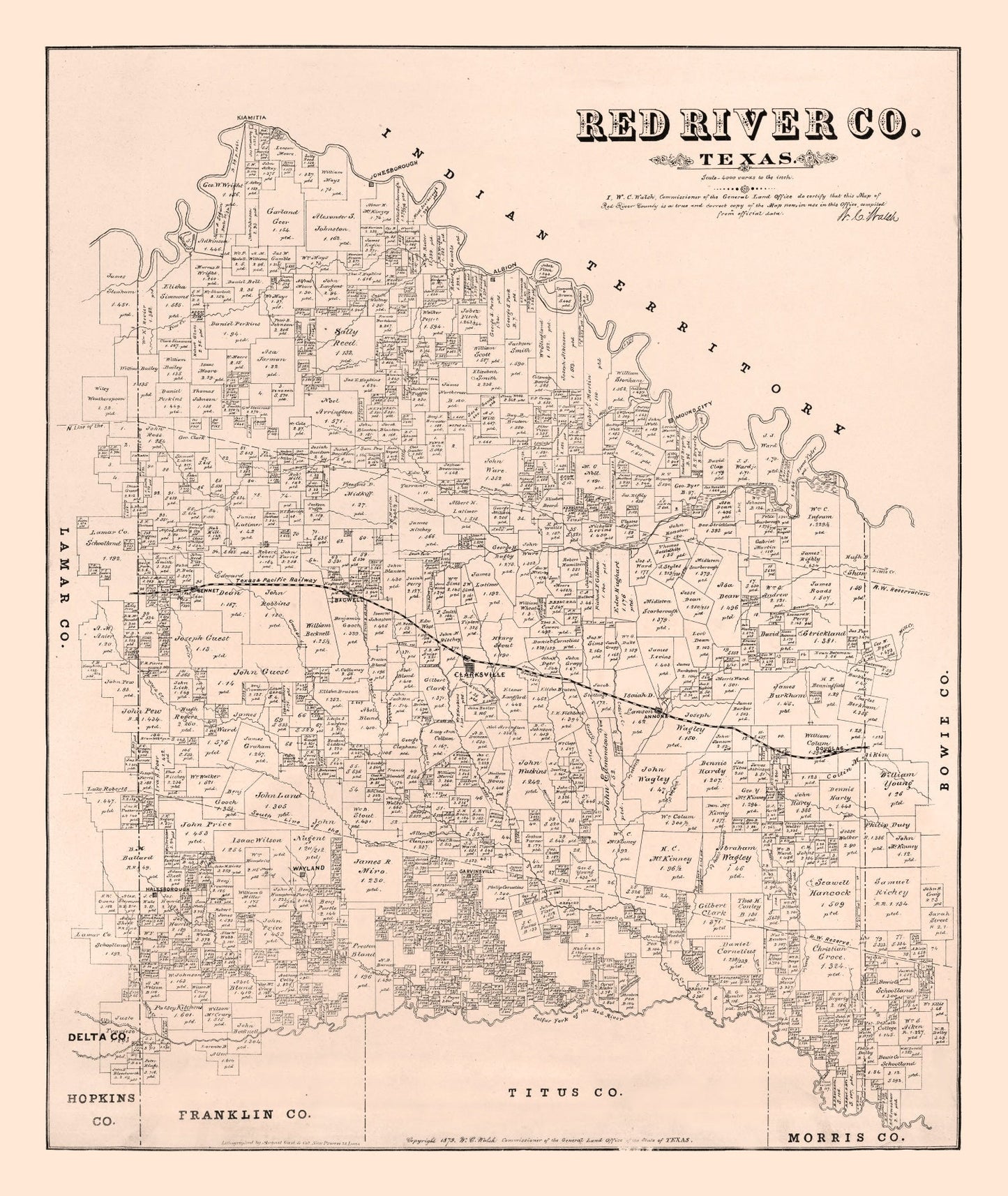 Vintage Map of Red River County, Texas, 1879