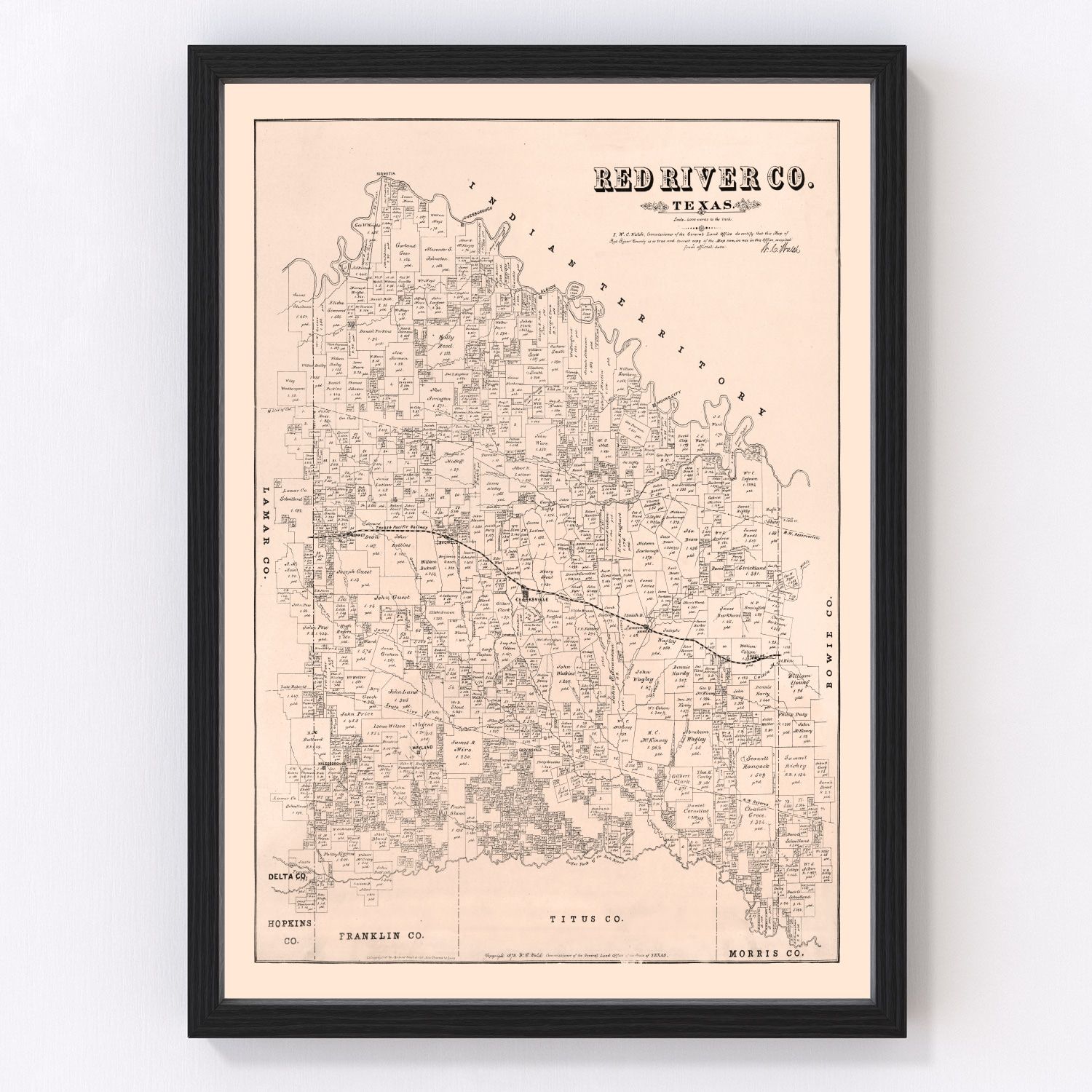 Vintage map of Red River County, Texas, 1879
